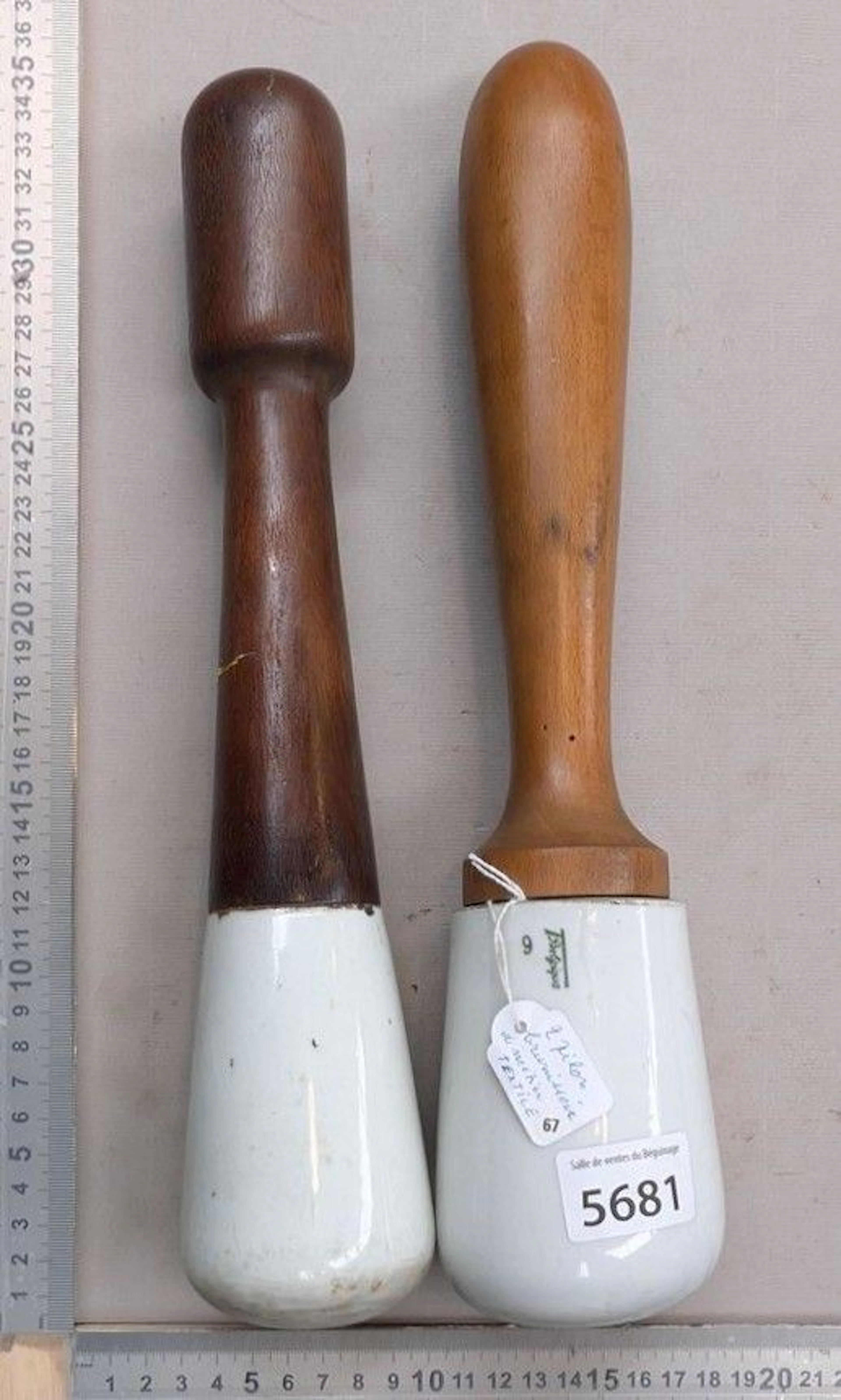 2 Textile-making burnishing hammers—see photos for dimensions and condition