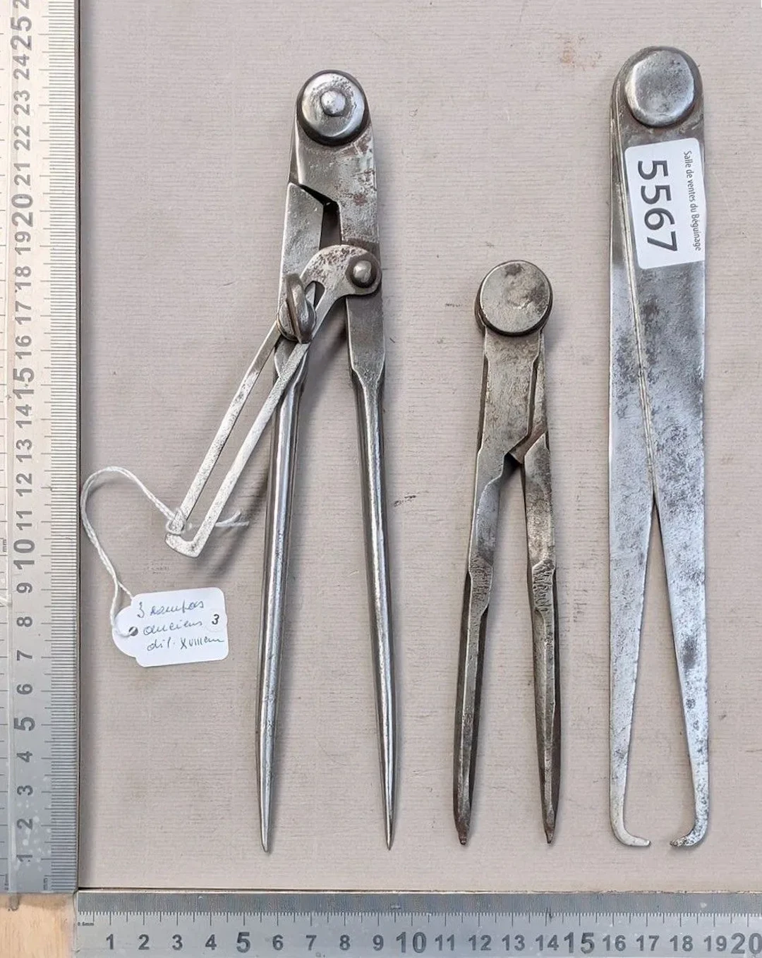 Three antique compasses with hallmarks—see photos for dimensions and condition