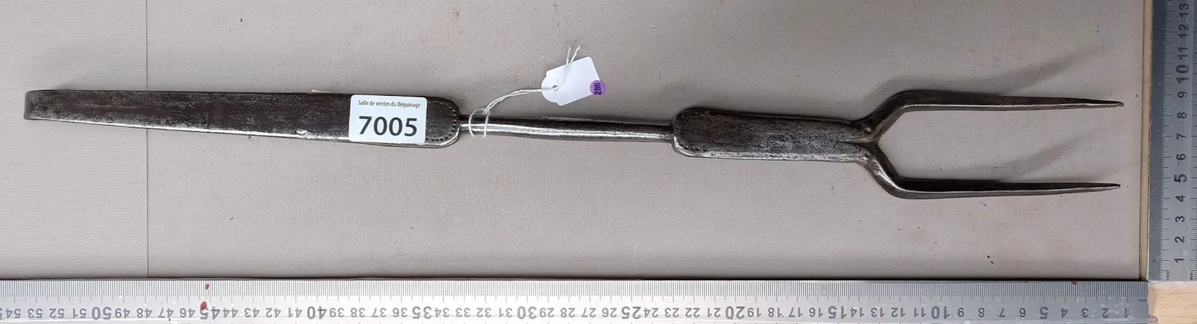 1 antique 18th-century wrought-iron hearth fork, 2 tines—see photos