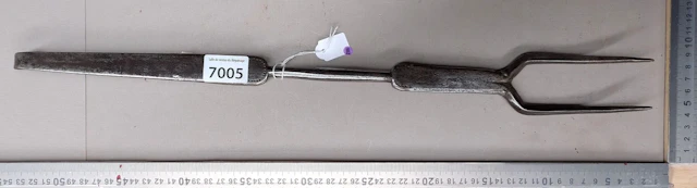 1 antique 18th-century wrought-iron hearth fork, 2 tines—see photos