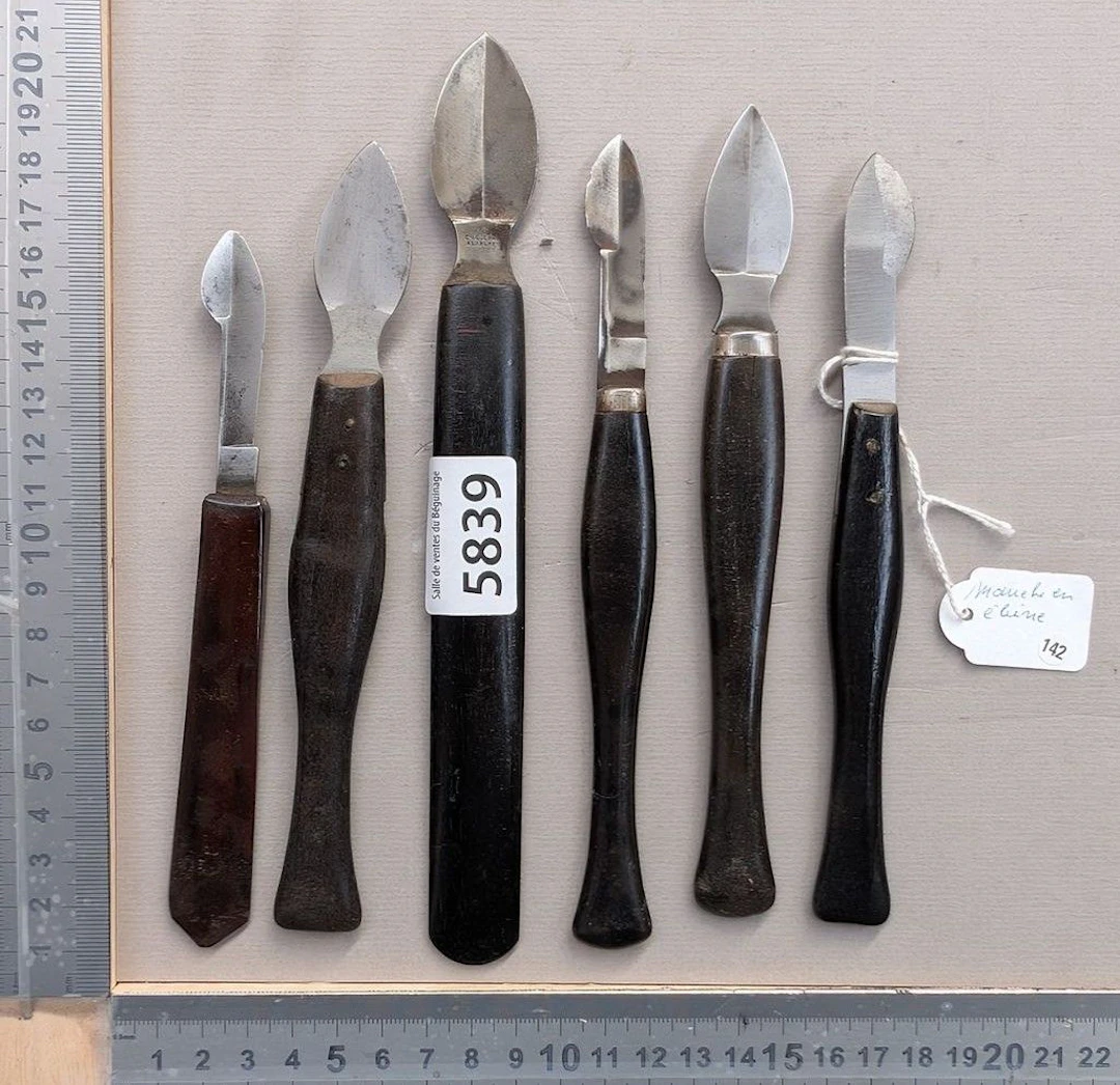6 Woodcarving knives, ebony handles—see photos for dimensions and condition