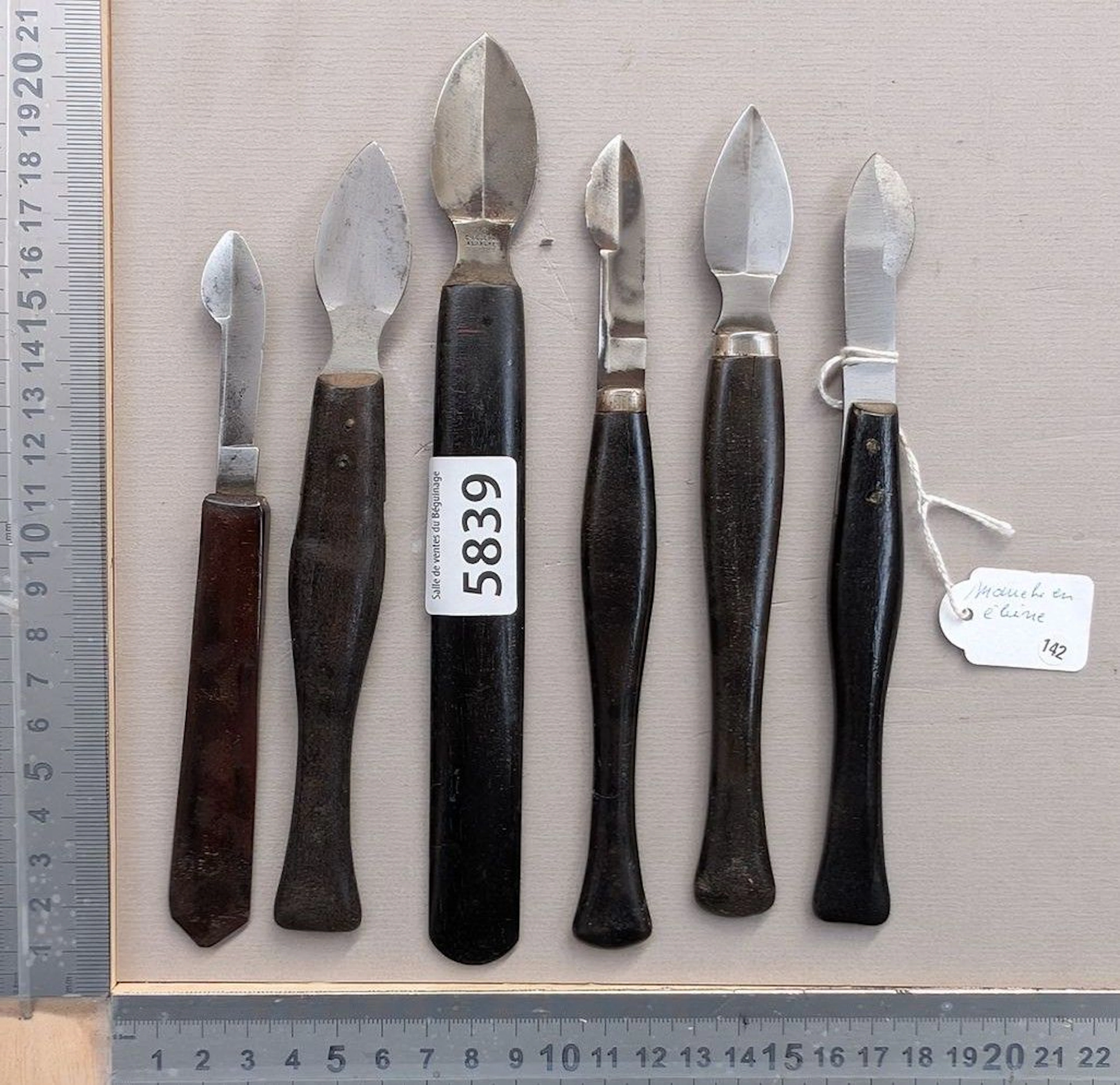 6 Woodcarving knives, ebony handles—see photos for dimensions and condition