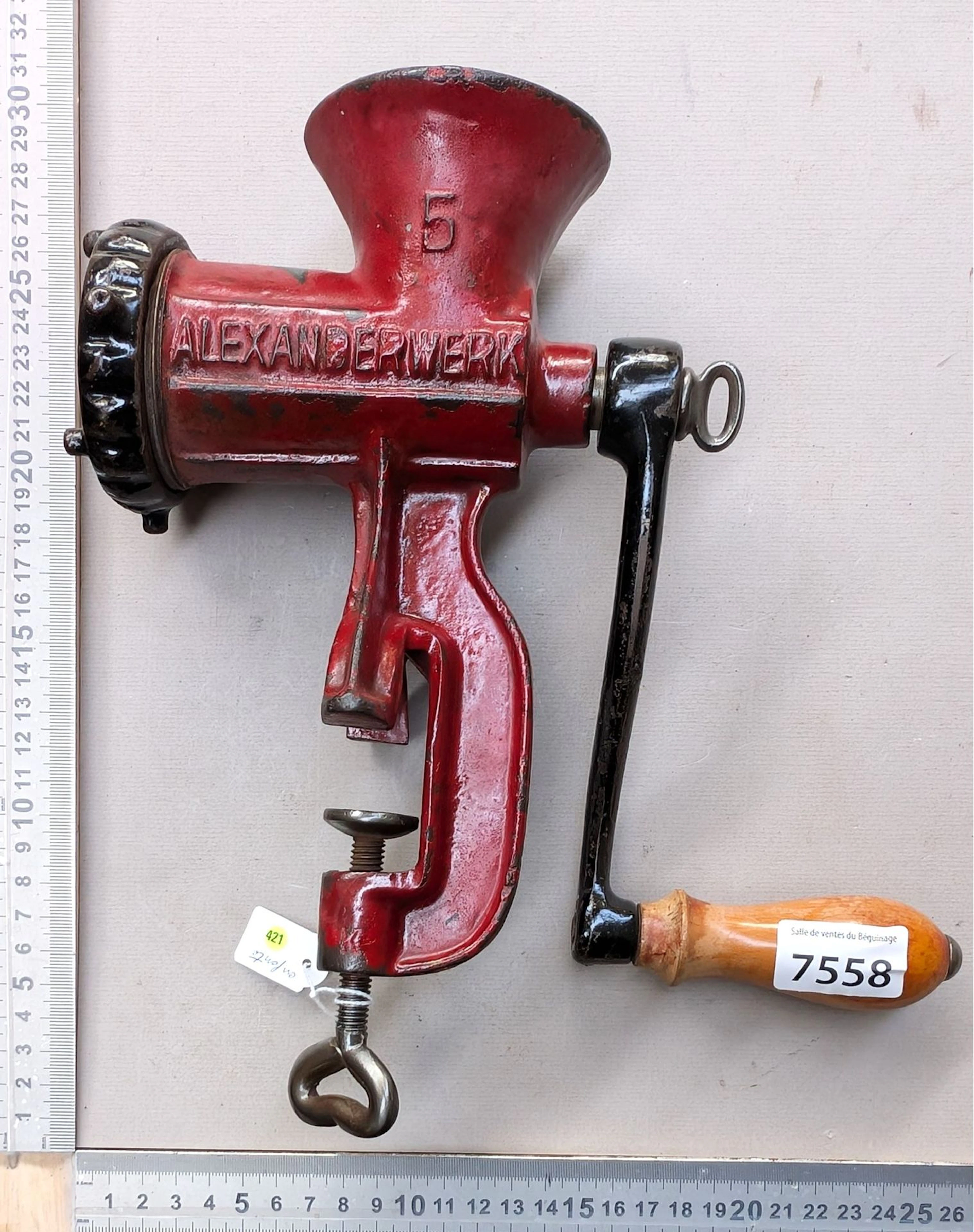 1 old small meat grinder—see photos for dimensions and condition