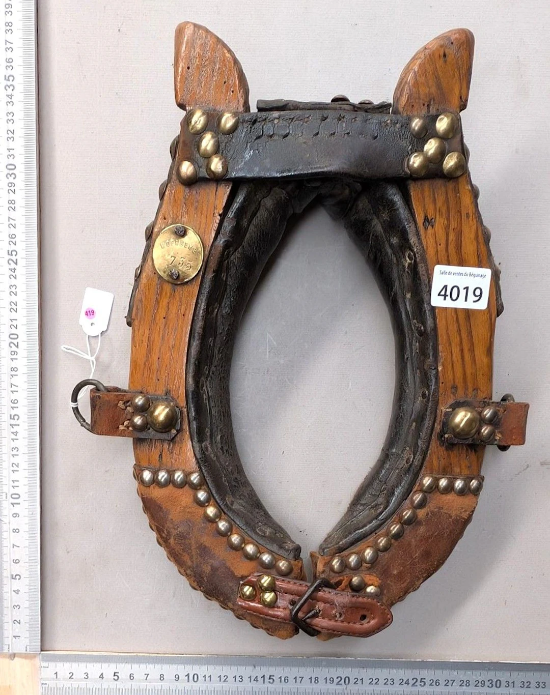 Vintage wooden and leather dog collar—see photos for dimensions and condition