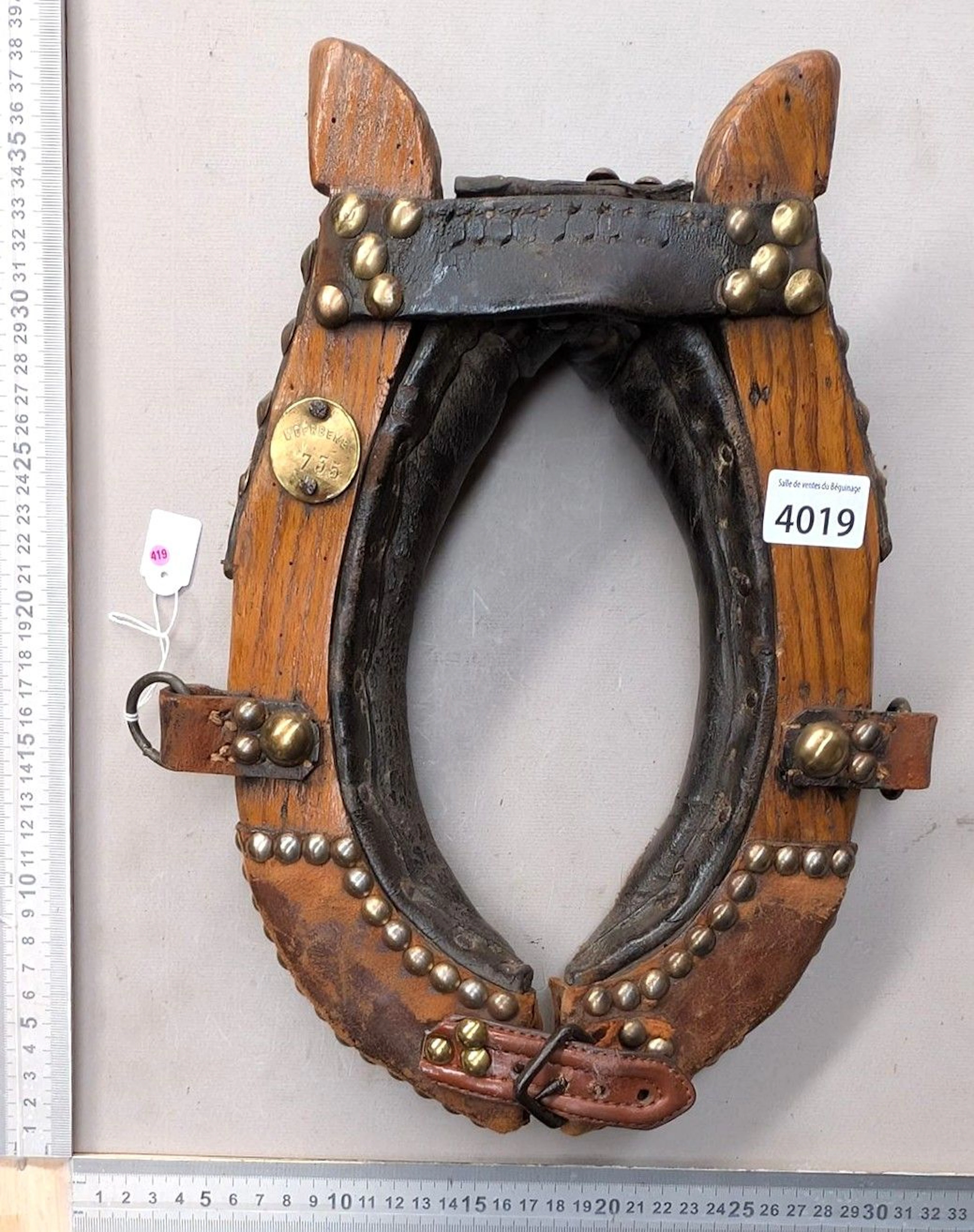 Vintage wooden and leather dog collar—see photos for dimensions and condition
