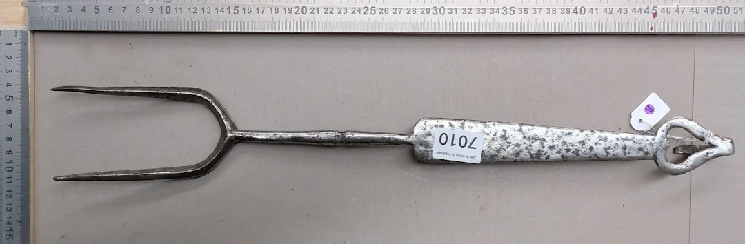 1 antique 18th-century wrought-iron hearth fork, 2 tines—see photos
