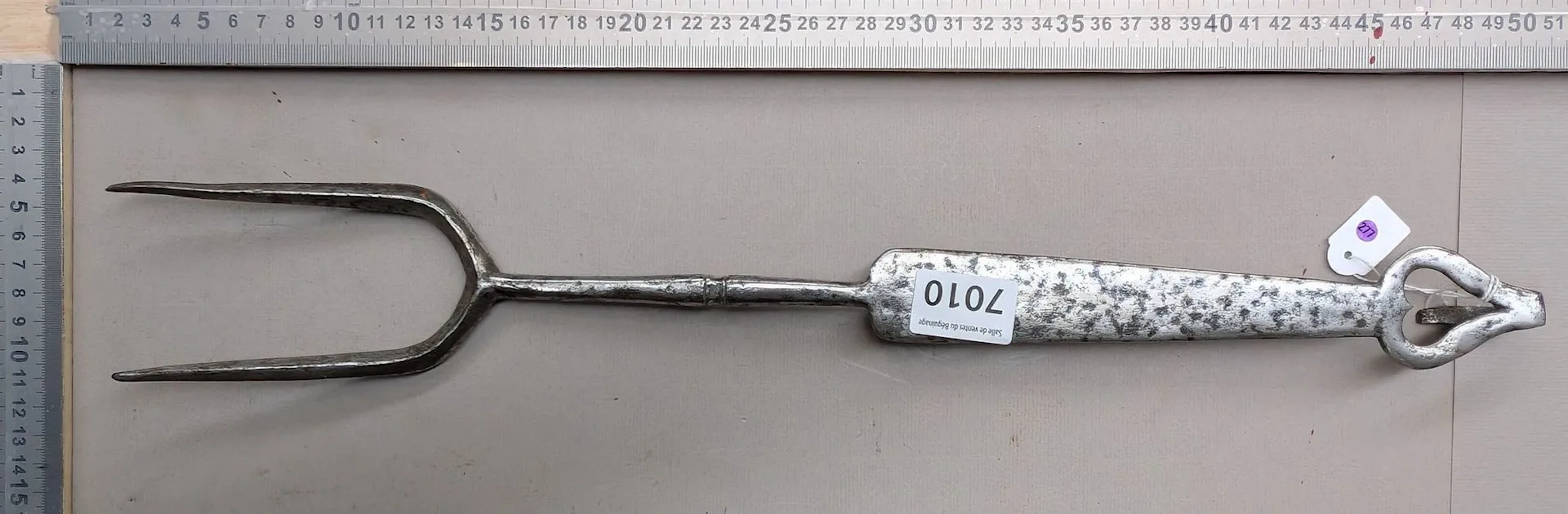 1 antique 18th-century wrought-iron hearth fork, 2 tines—see photos