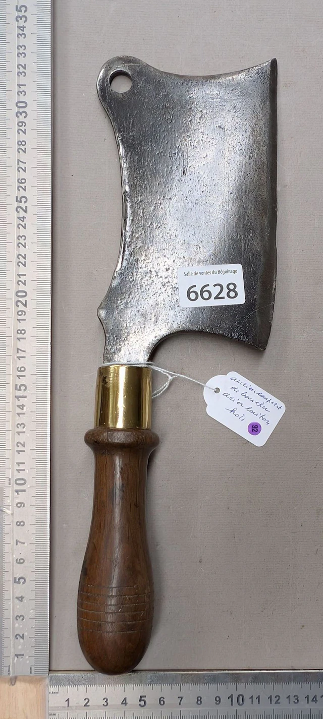 Antique brass-steel cleaver with wooden handle—see photos for dimensions