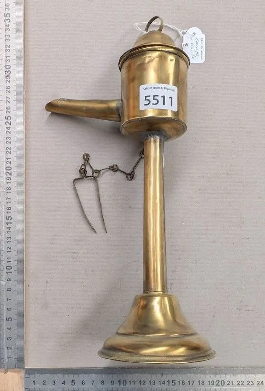 Antique copper oil lamp—see photos for dimensions and condition