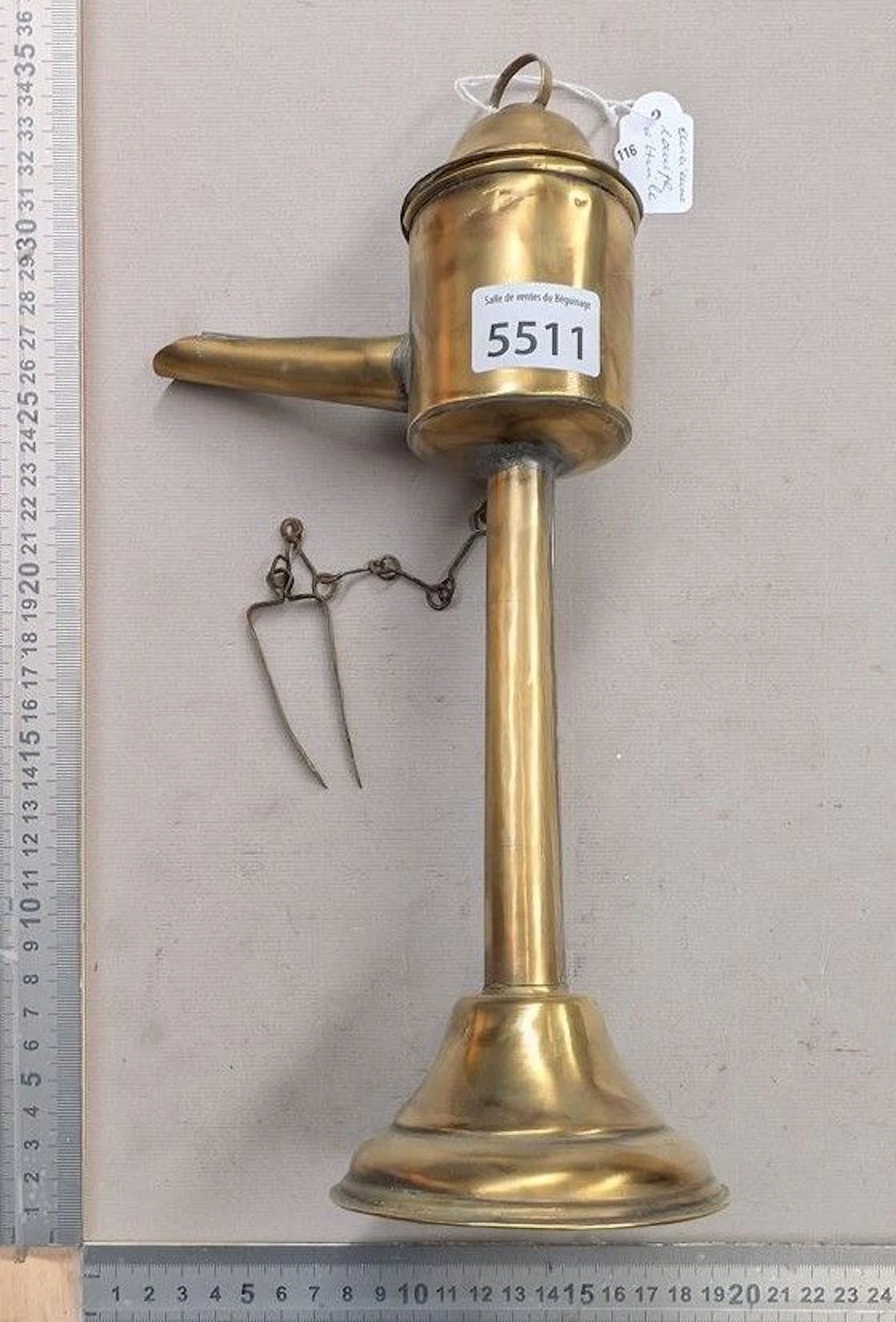 Antique copper oil lamp—see photos for dimensions and condition