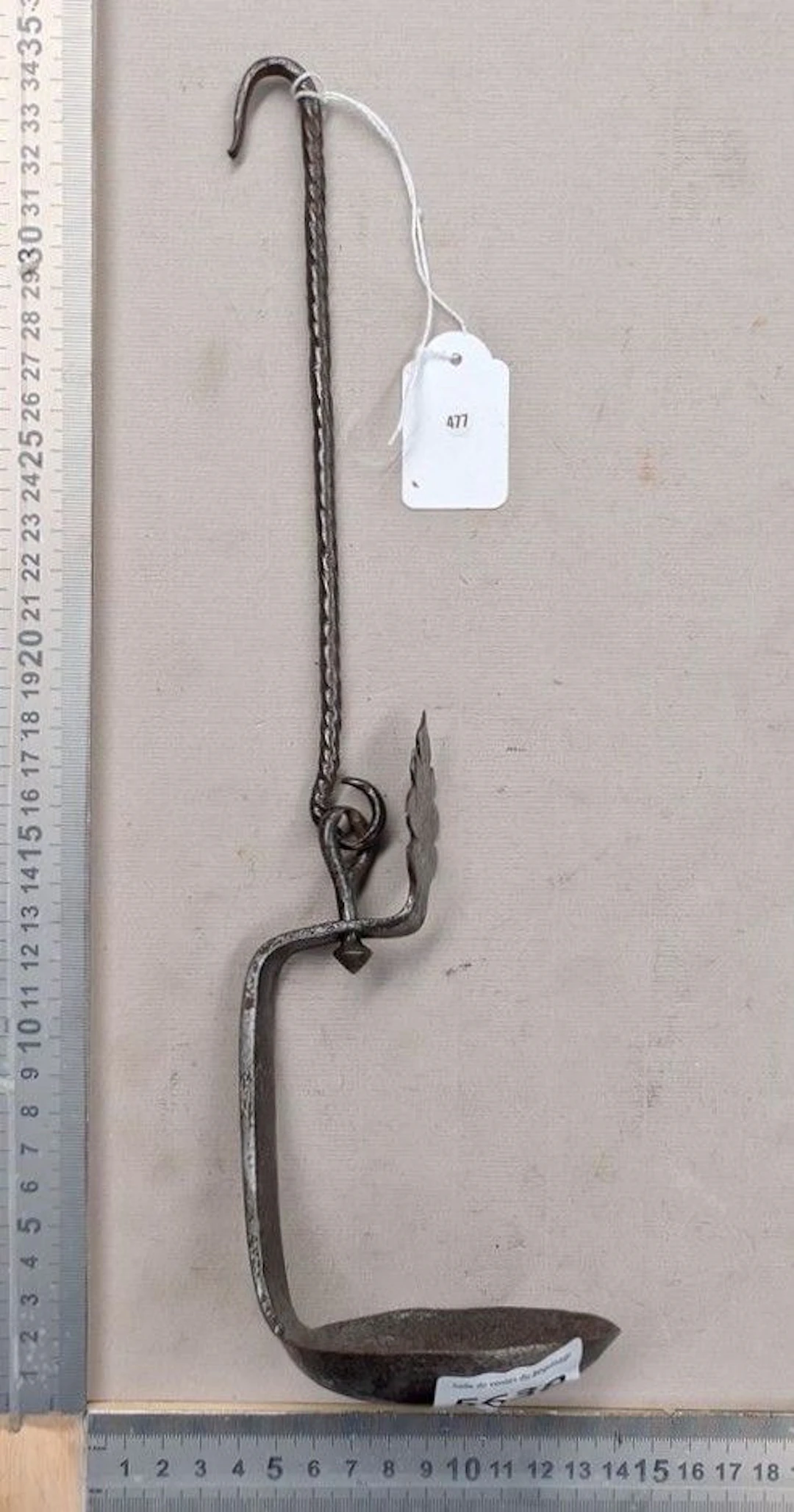 Antique 18th-century wrought-iron oil lamp—see photos for dimensions