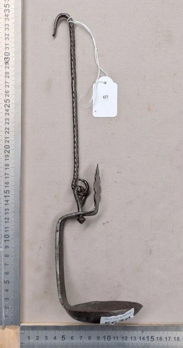 Antique 18th-century wrought-iron oil lamp—see photos for dimensions