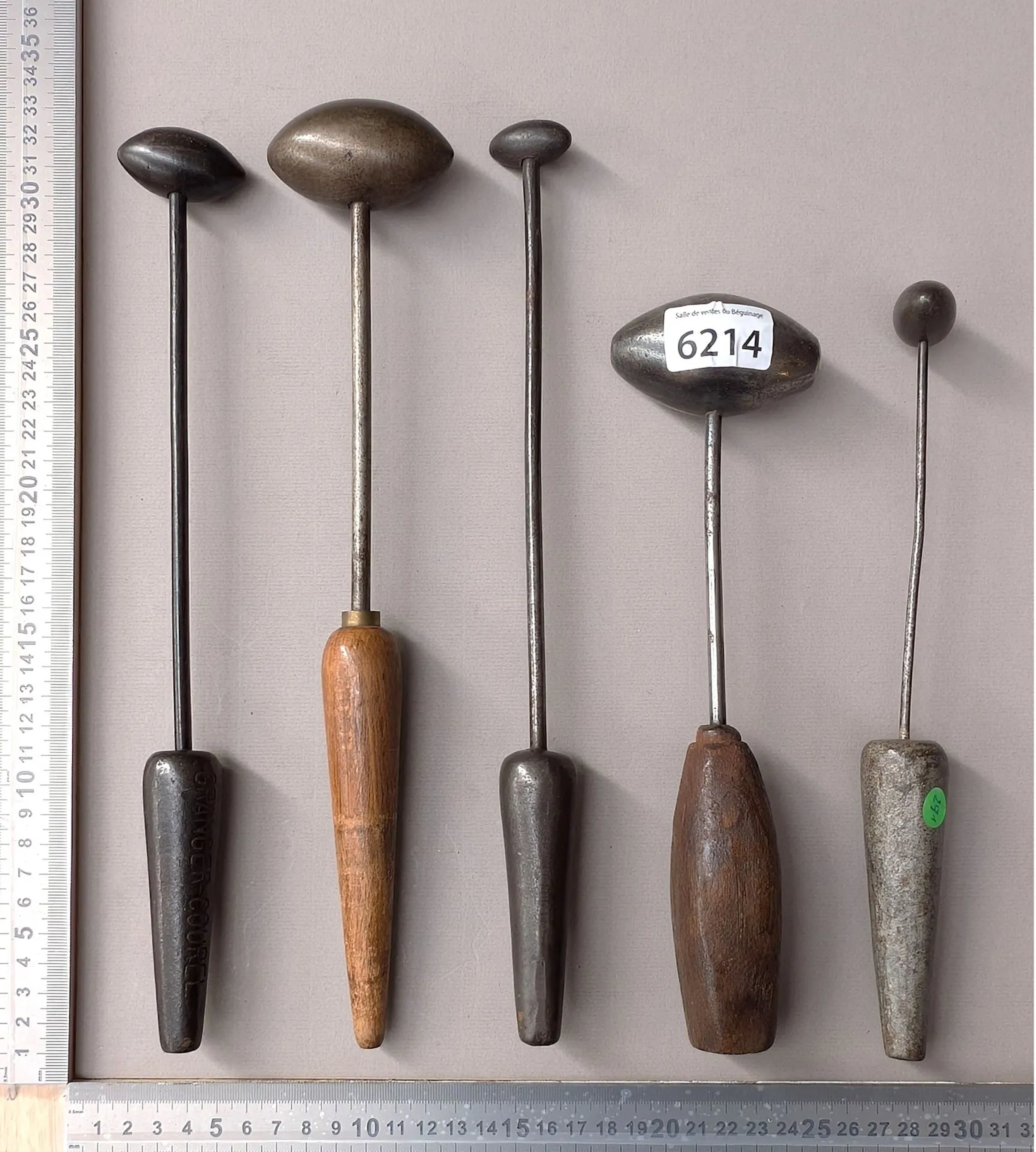 5 antique irons for ironing lace and hats—see photos for dimensions