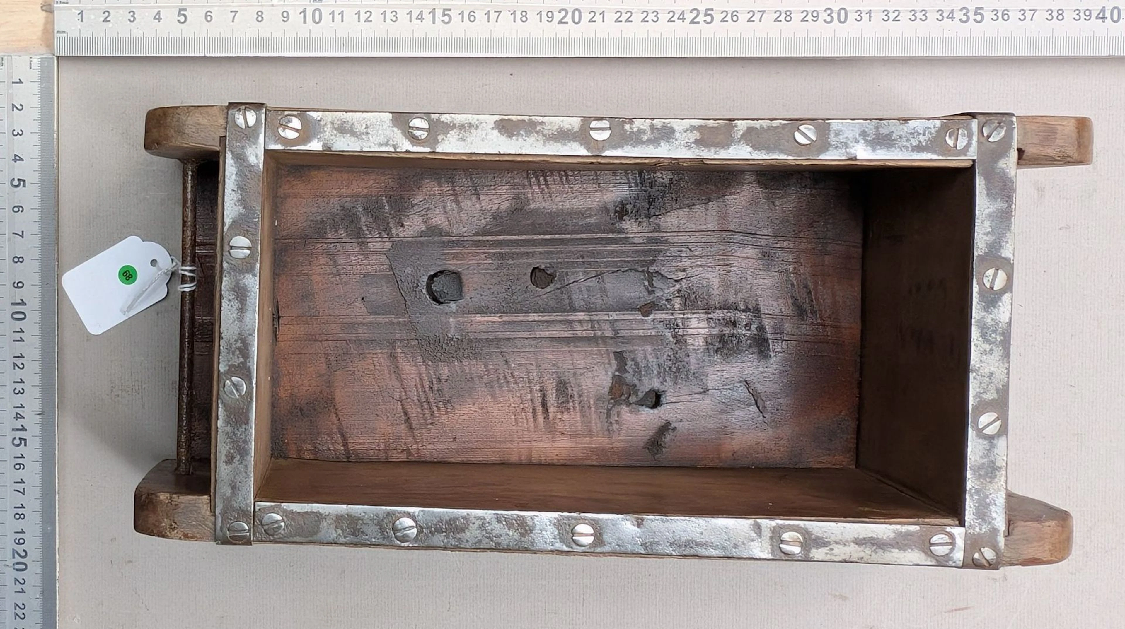 Antique 1-brick wooden mold with metal reinforcement—see photos for