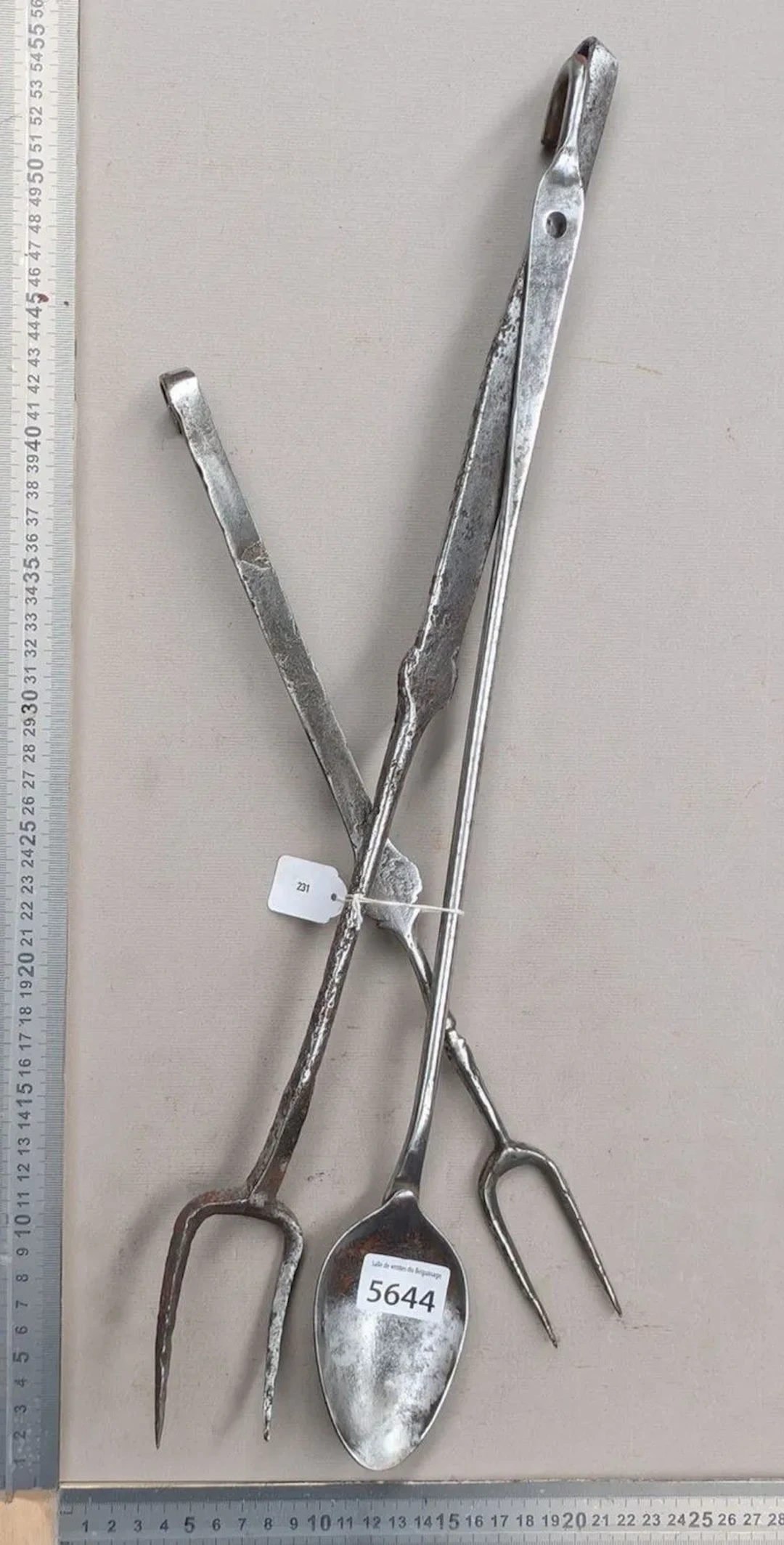 3 Antique kitchen utensils: 2 two-pronged forks and a ladle—see photos