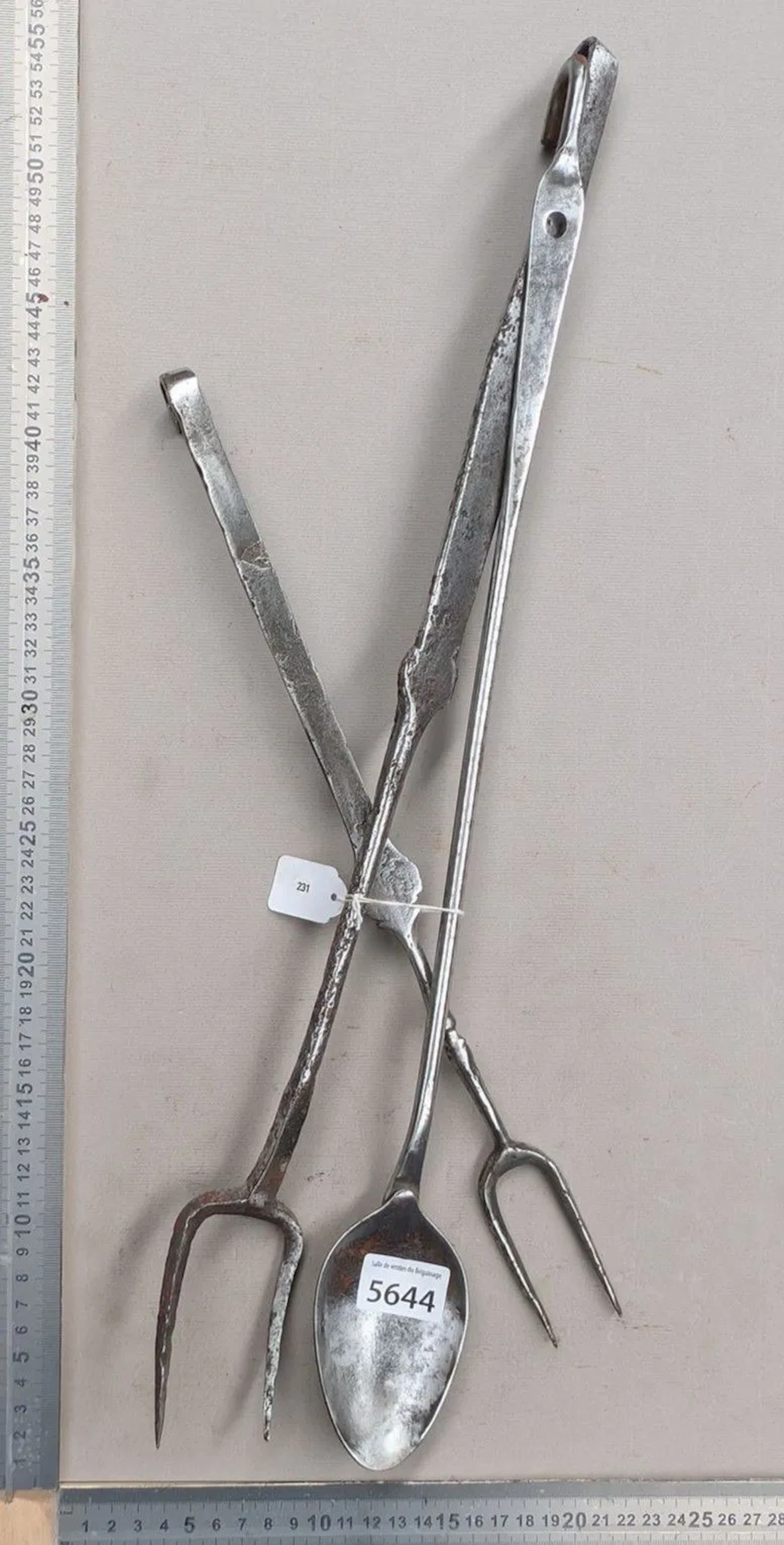 3 Antique kitchen utensils: 2 two-pronged forks and a ladle—see photos