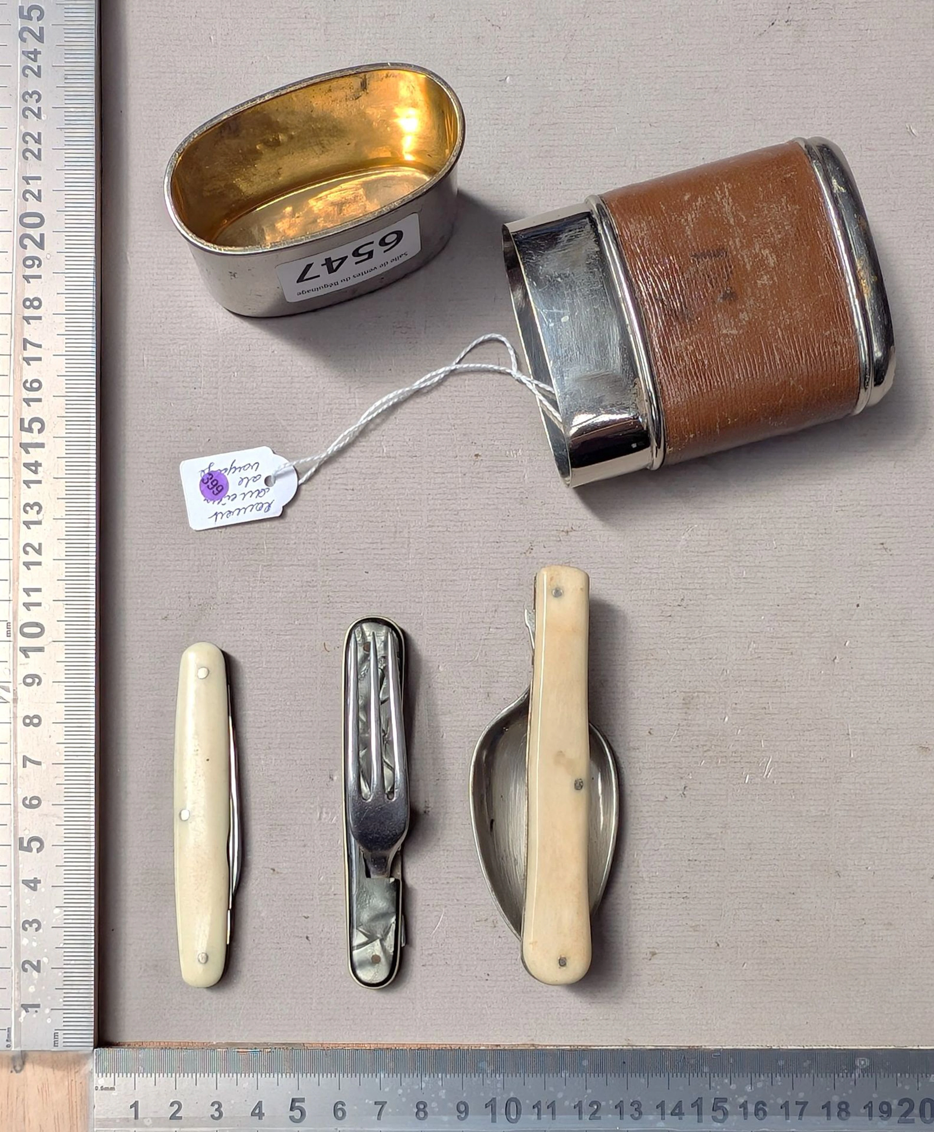 1 antique travel cutlery set (fork, knife, spoon) — See photos for