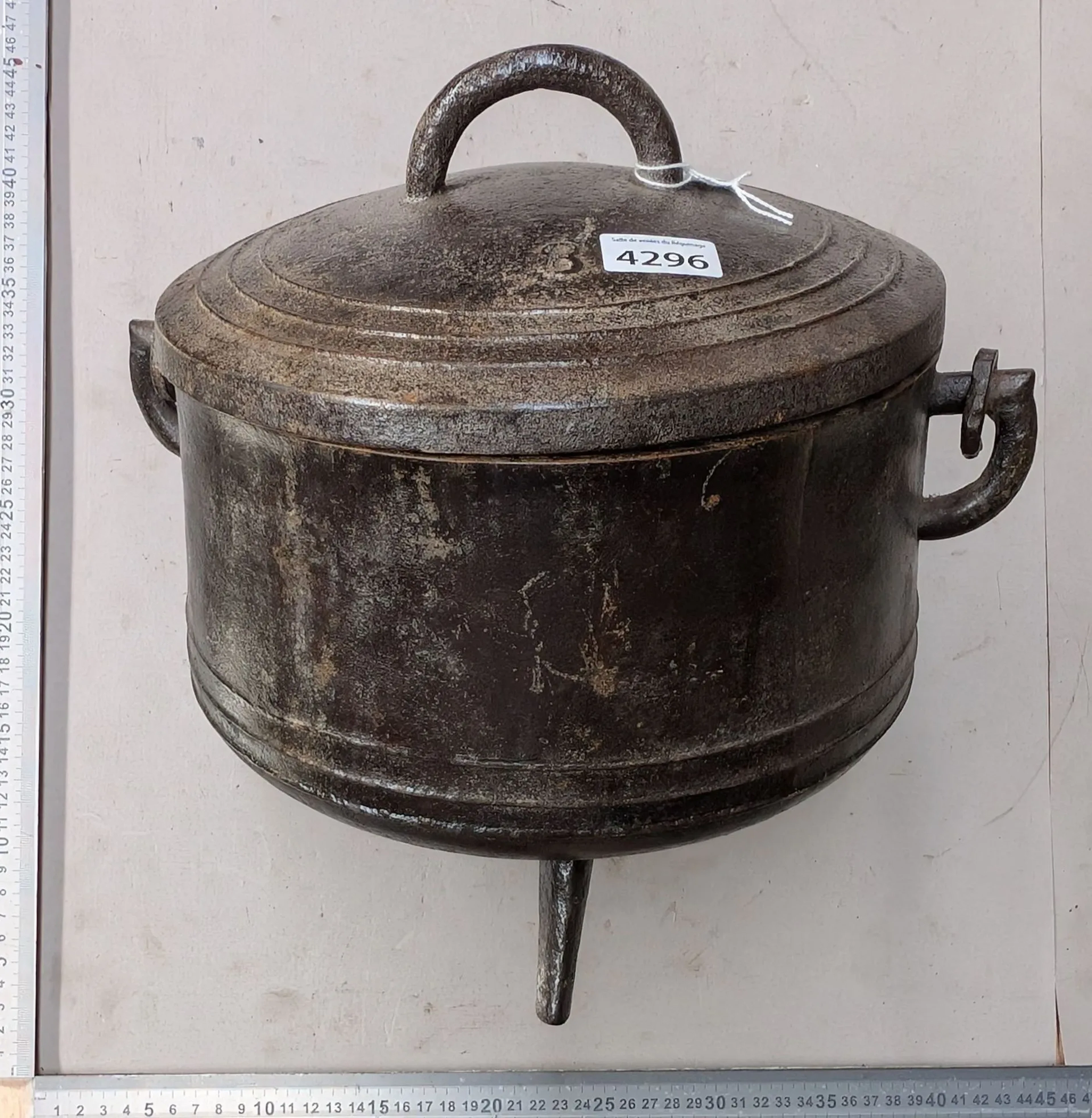 18th-century cast-iron cauldron on three legs—see photos for dimensions