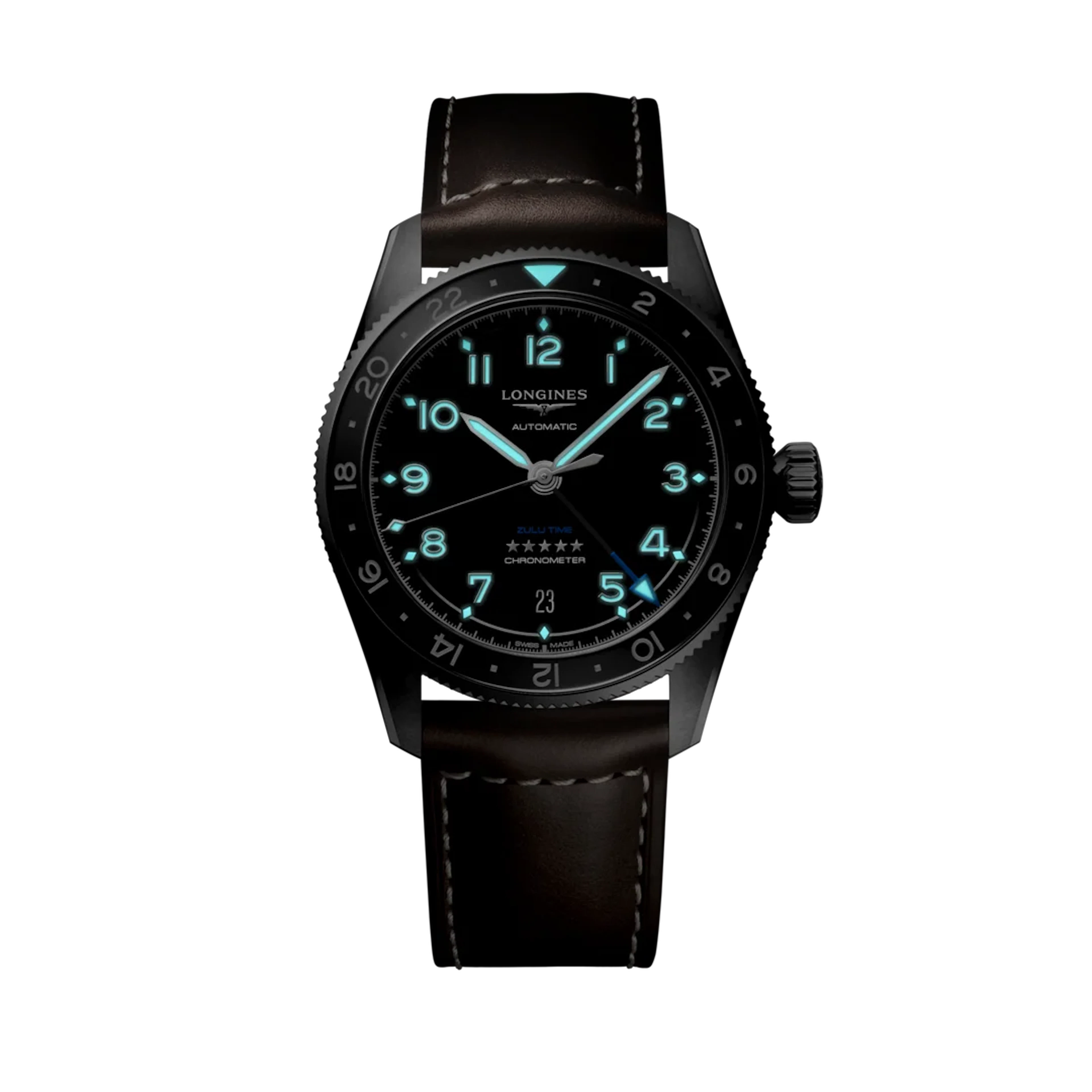 Longines Spirit Zulu Time Black dial 39mm ceramic bezel L3.802.4.53.2