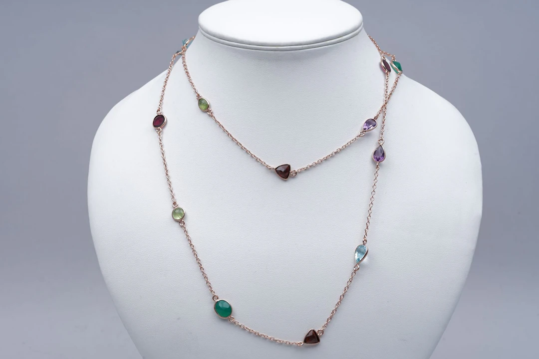 (3316) NECKLACE pink SILVER 925 / 1000 AMETHYSTES CHRYSOPRASES GARNETS