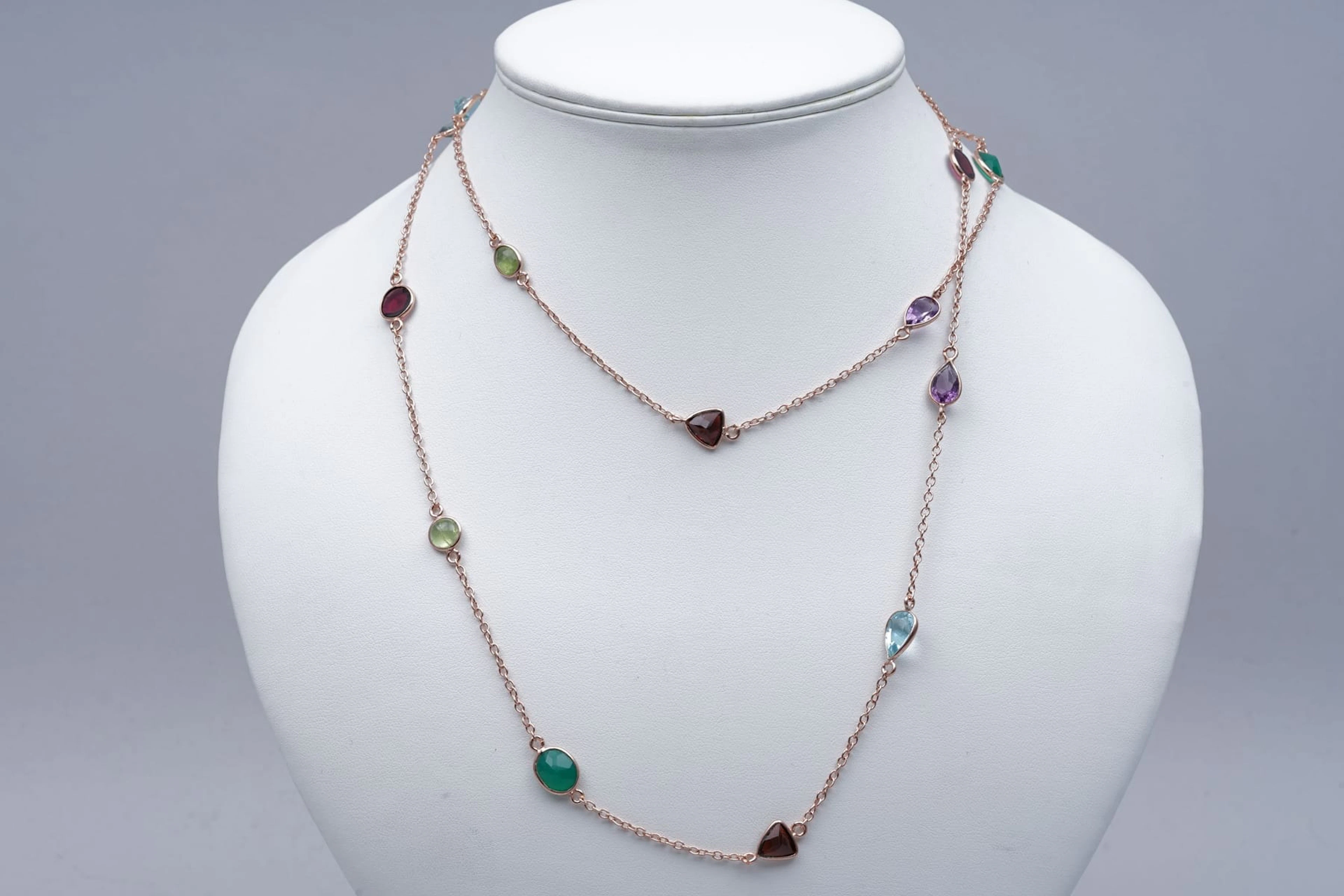 (3316) NECKLACE pink SILVER 925 / 1000 AMETHYSTES CHRYSOPRASES GARNETS