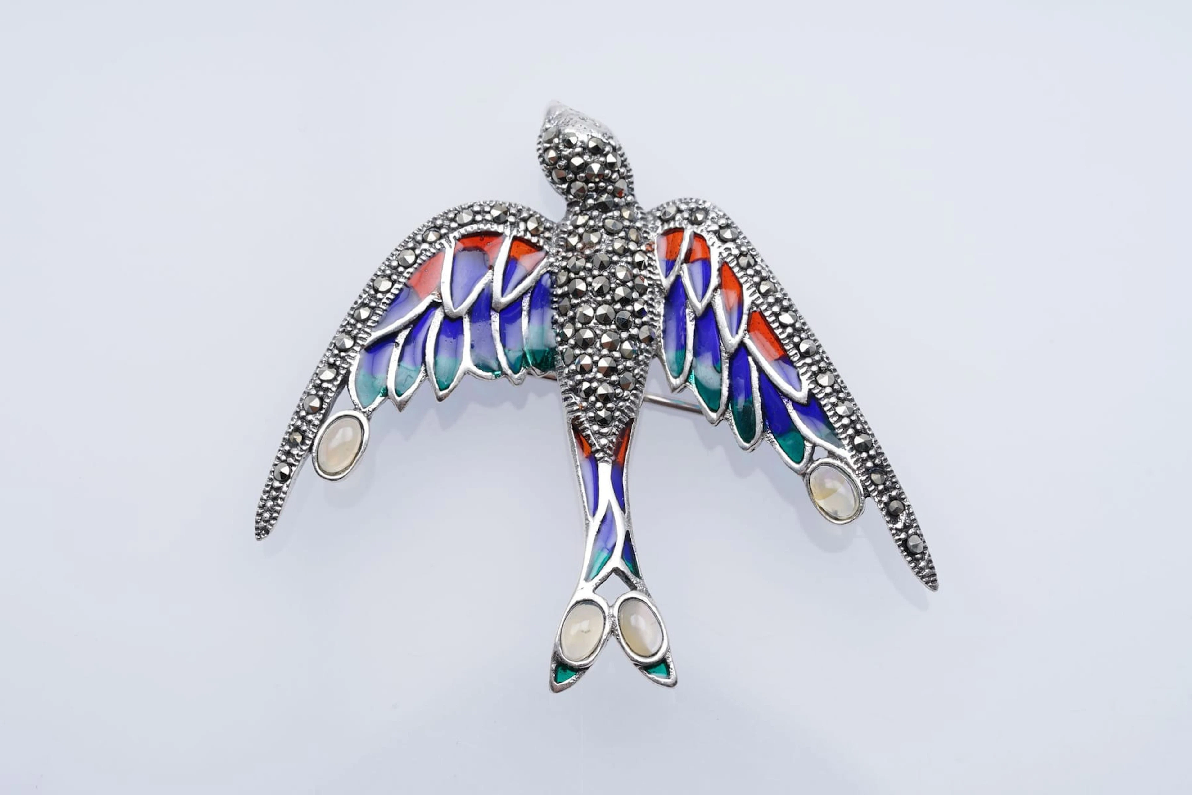 (3453) BROCH SILVER 925 / 1000 " bird " MARCASSITES ENAMEL