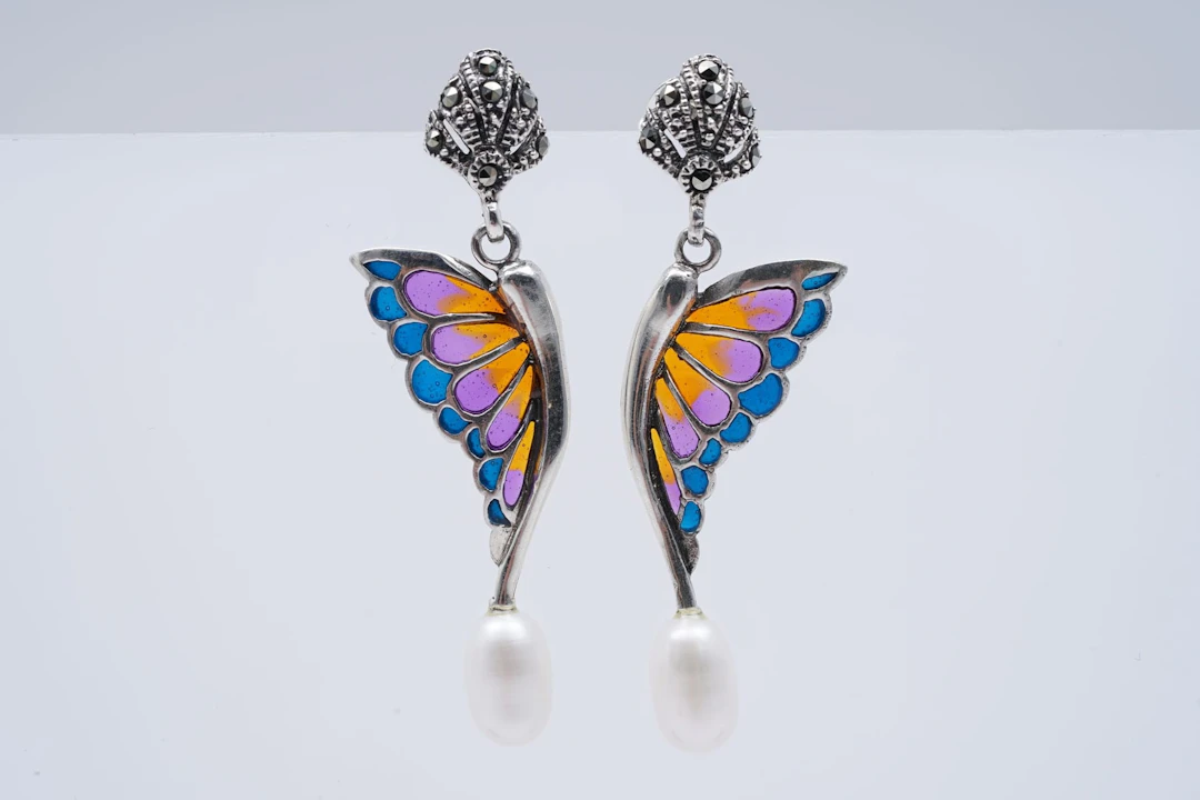 (3446) EARRINGS SILVER 925 / 1000 " butterfly " MARCASSITES ENAMEL 4,10 1 35
