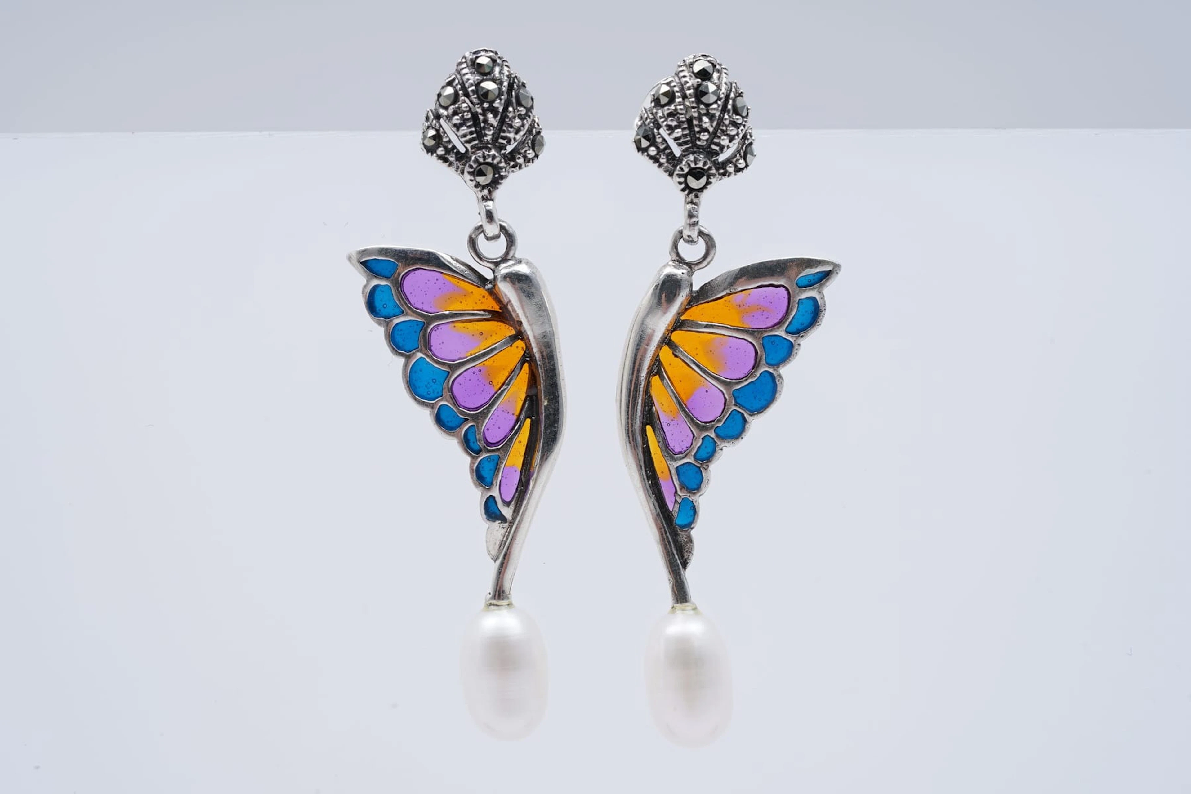 (3446) EARRINGS SILVER 925 / 1000 " butterfly " MARCASSITES ENAMEL 4,10 1 35