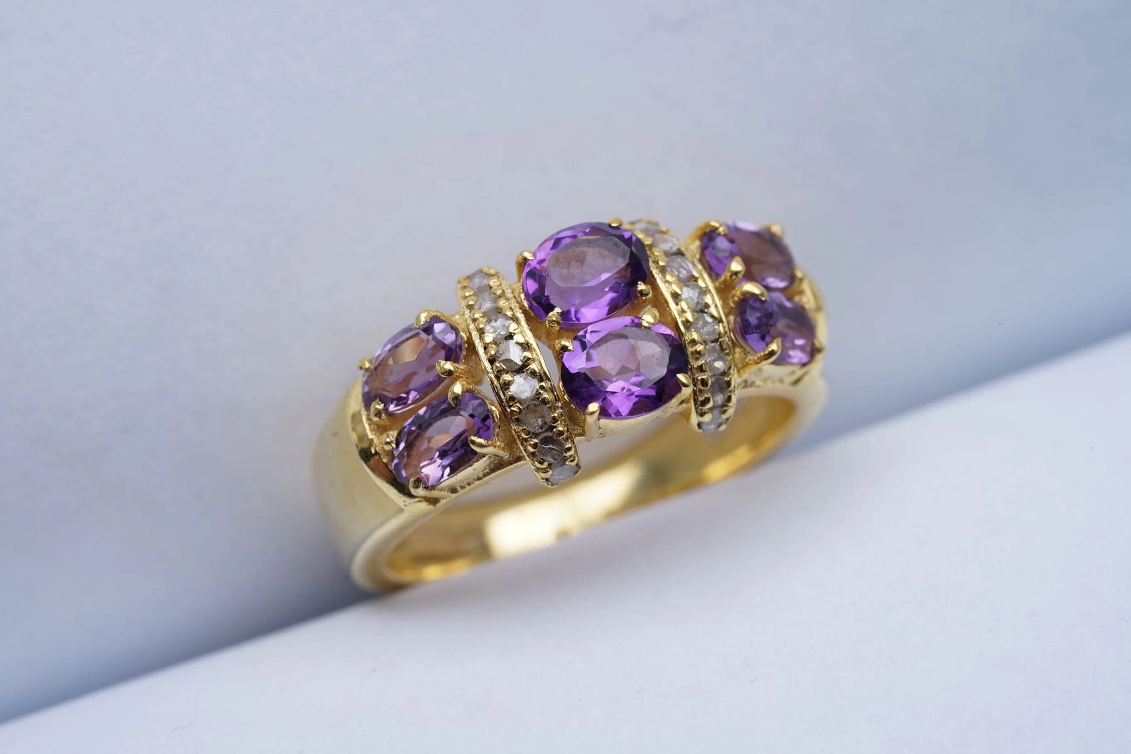 (3727) RING yellow SILVER 925 / 1000 AMETHYSTES DIAMONDS