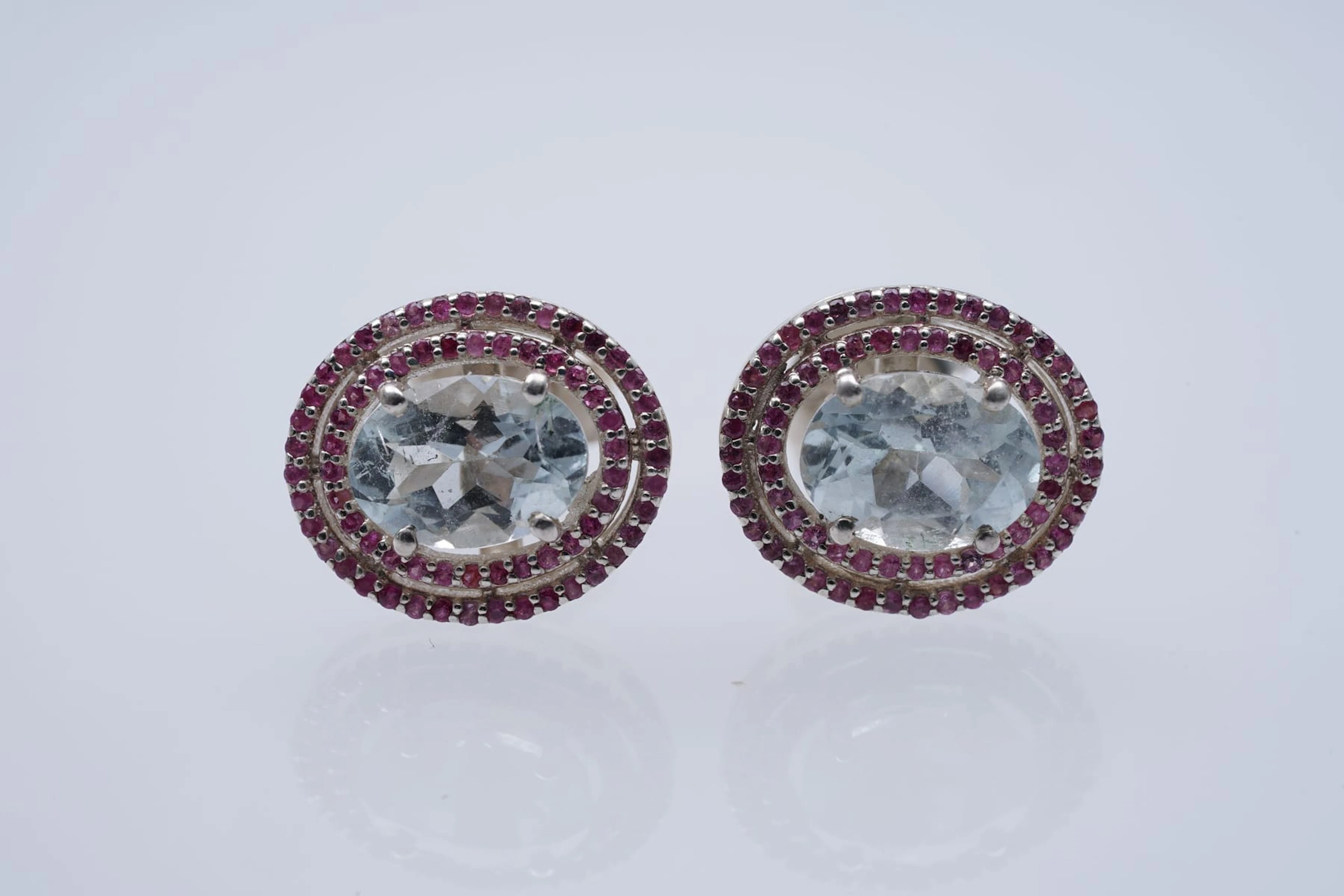 (3628) EARRINGS SILVER 925 / 1000 AQUAMARINE RUBIES