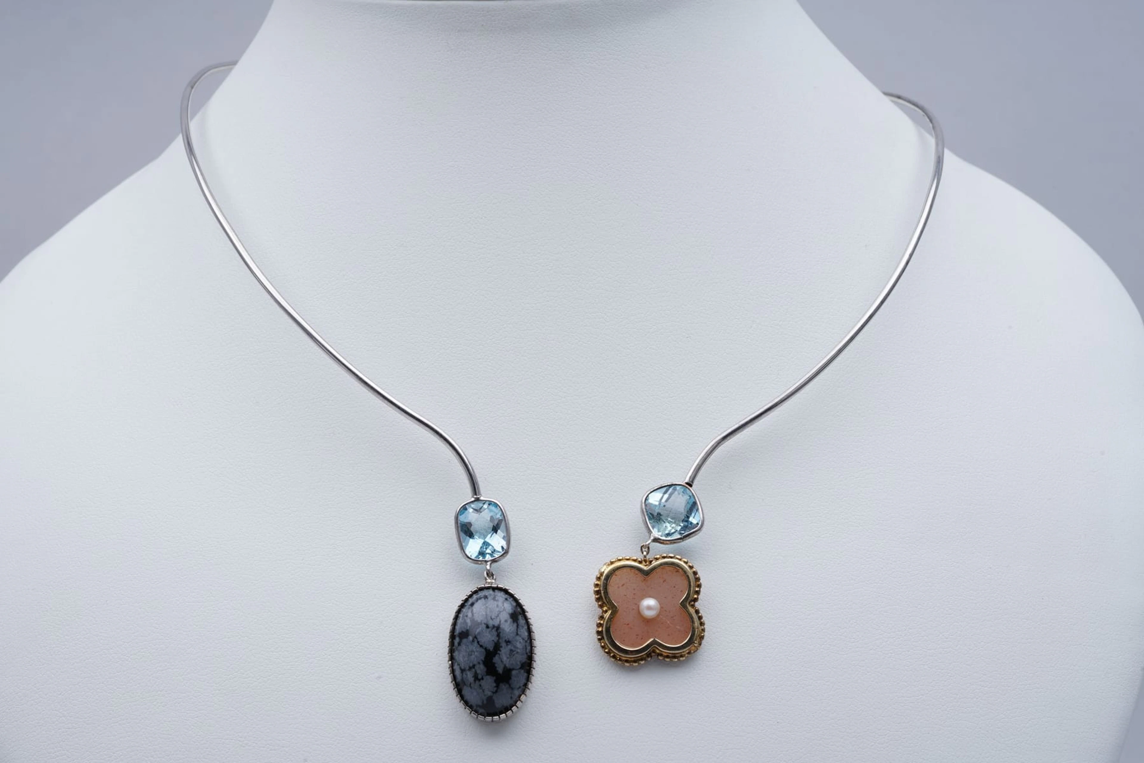 (3243) NECKLACE SILVER 925 / 1000 OBSIDIAN AQUAMARINES