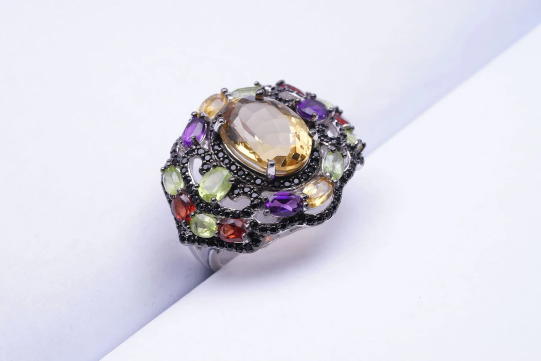 RING SILVER 925/1000 CITRINE multicolore semi PRECIOUS STONES black
