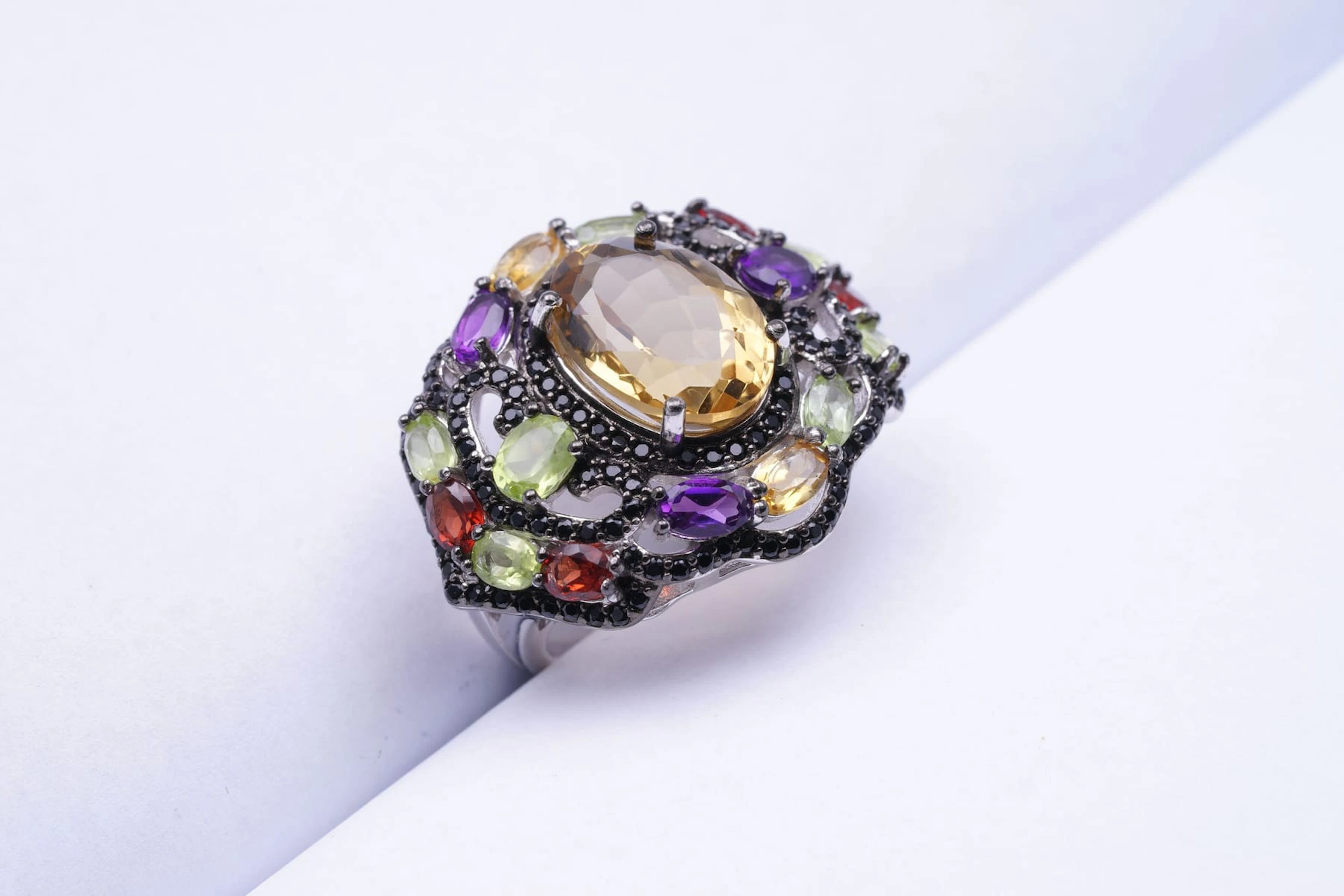 RING SILVER 925/1000 CITRINE multicolore semi PRECIOUS STONES black