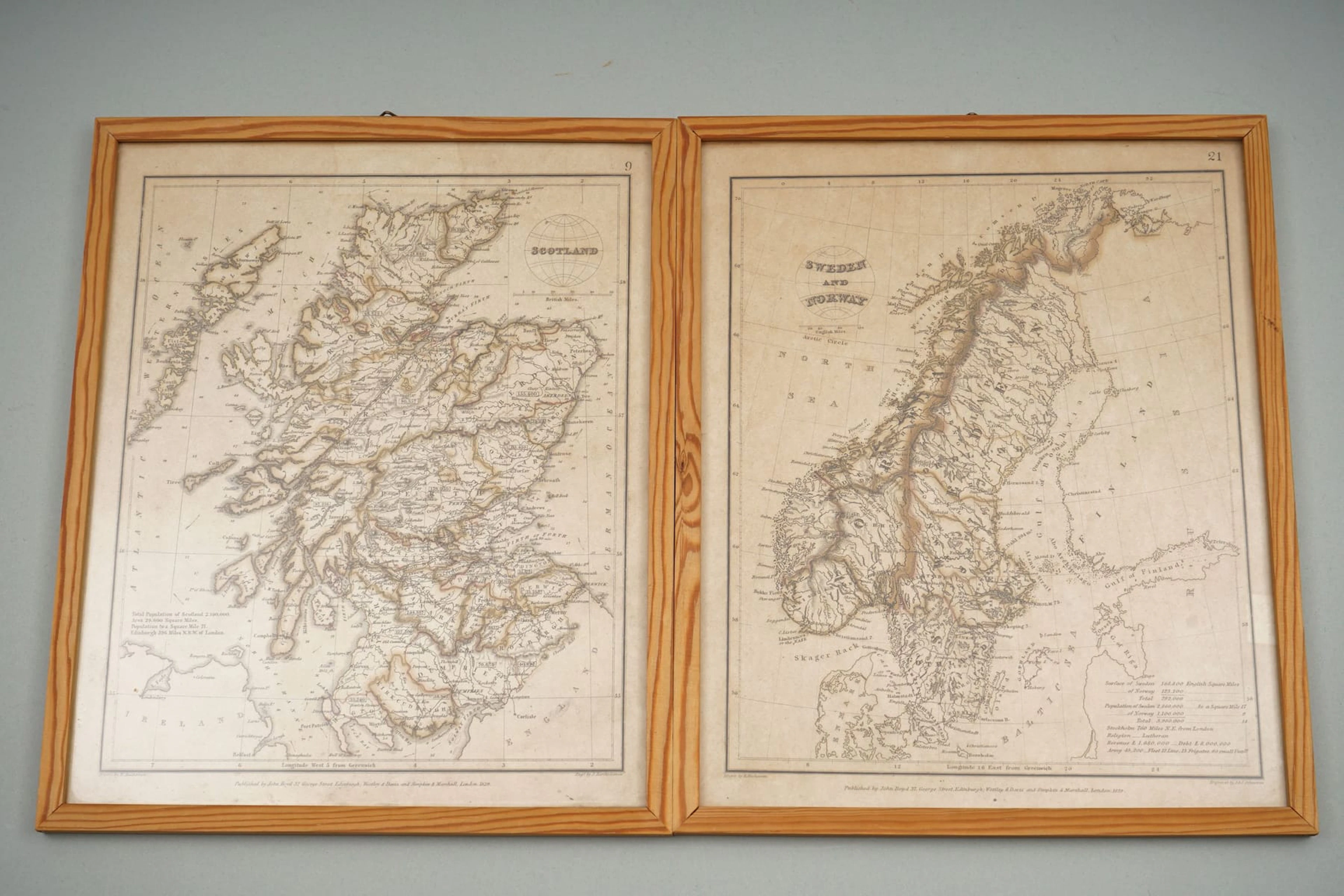 2 kpl karttoja, SCOTLAND ja SWEDEN - NORWAY, PAINETTU 1829