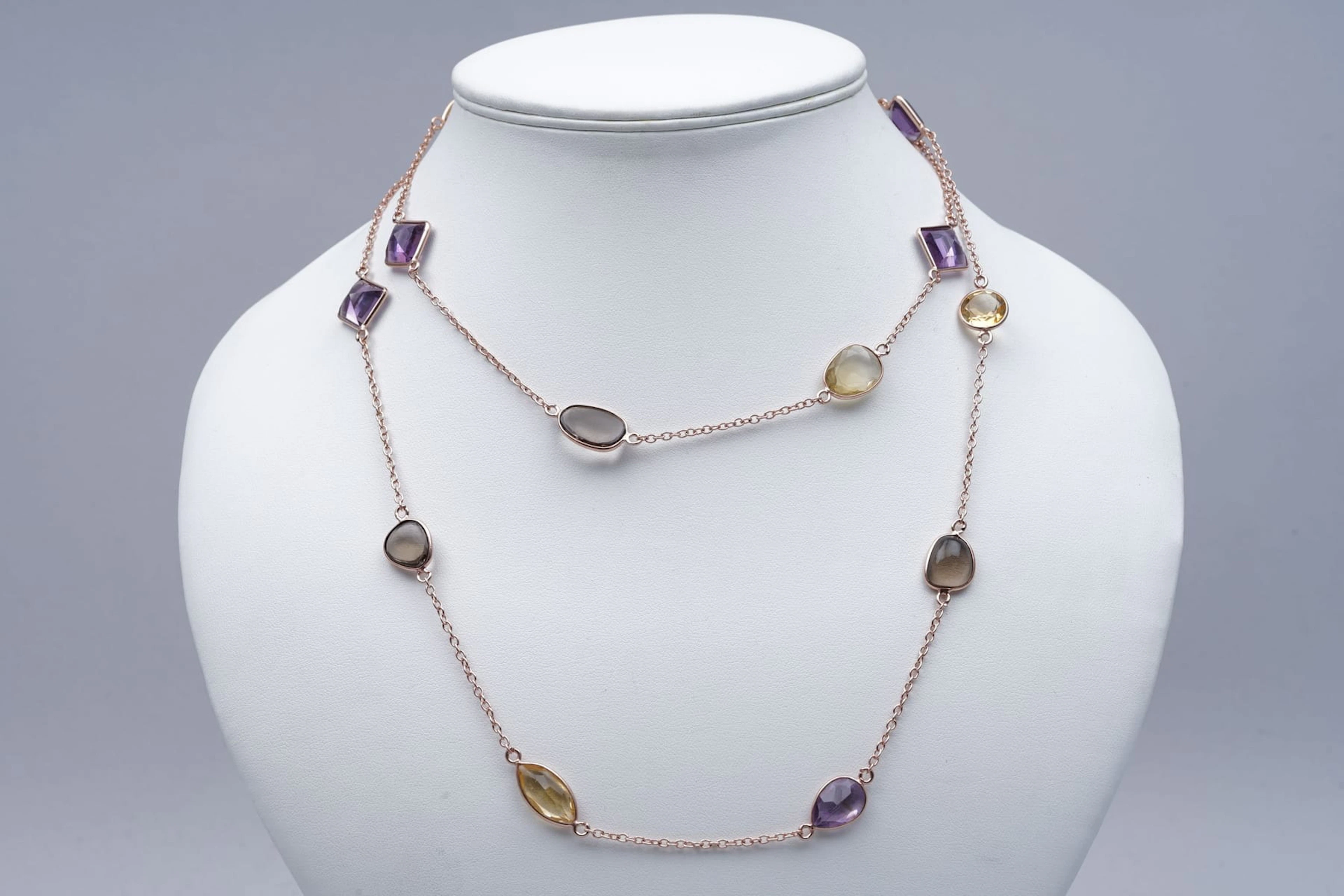 (3317) NECKLACE pink SILVER 925 / 1000 AMETHYSTES CITRINES smoky QUARTZ