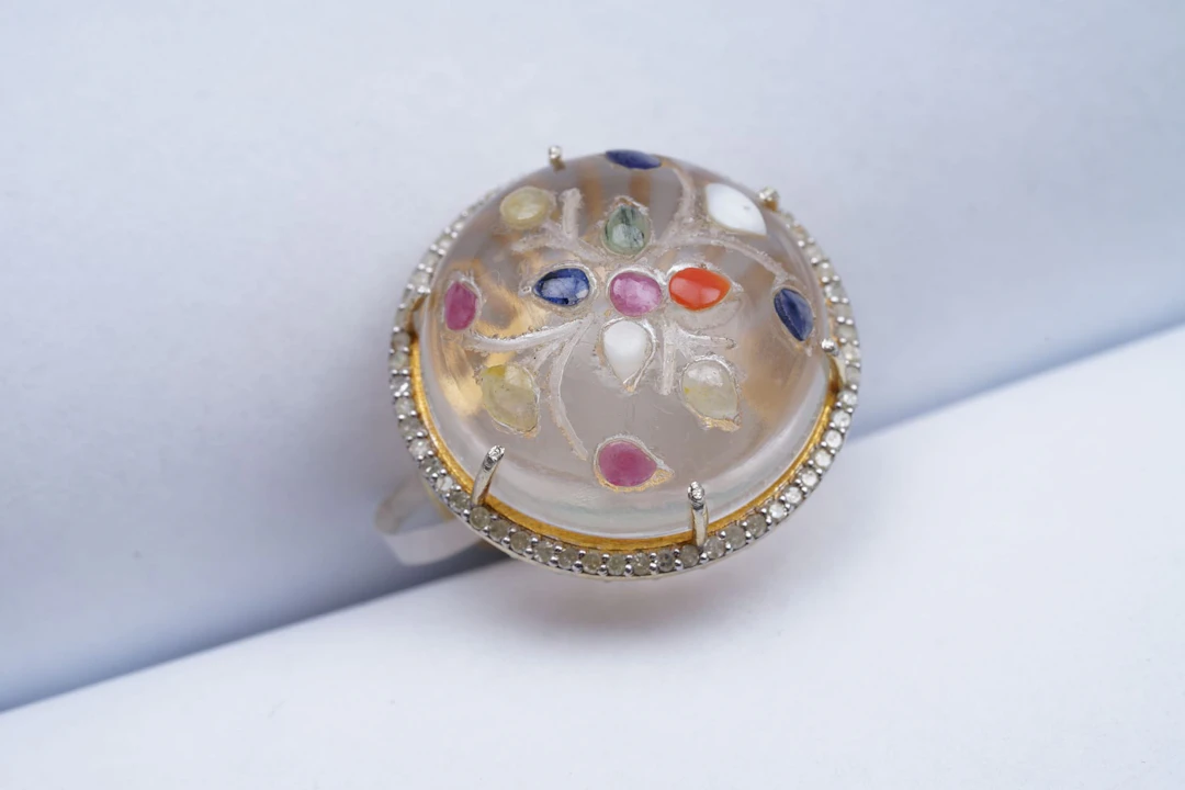 (3276) RING yellow SILVER 925 / 1000 flower design rock CRISTAL DIAMONDS