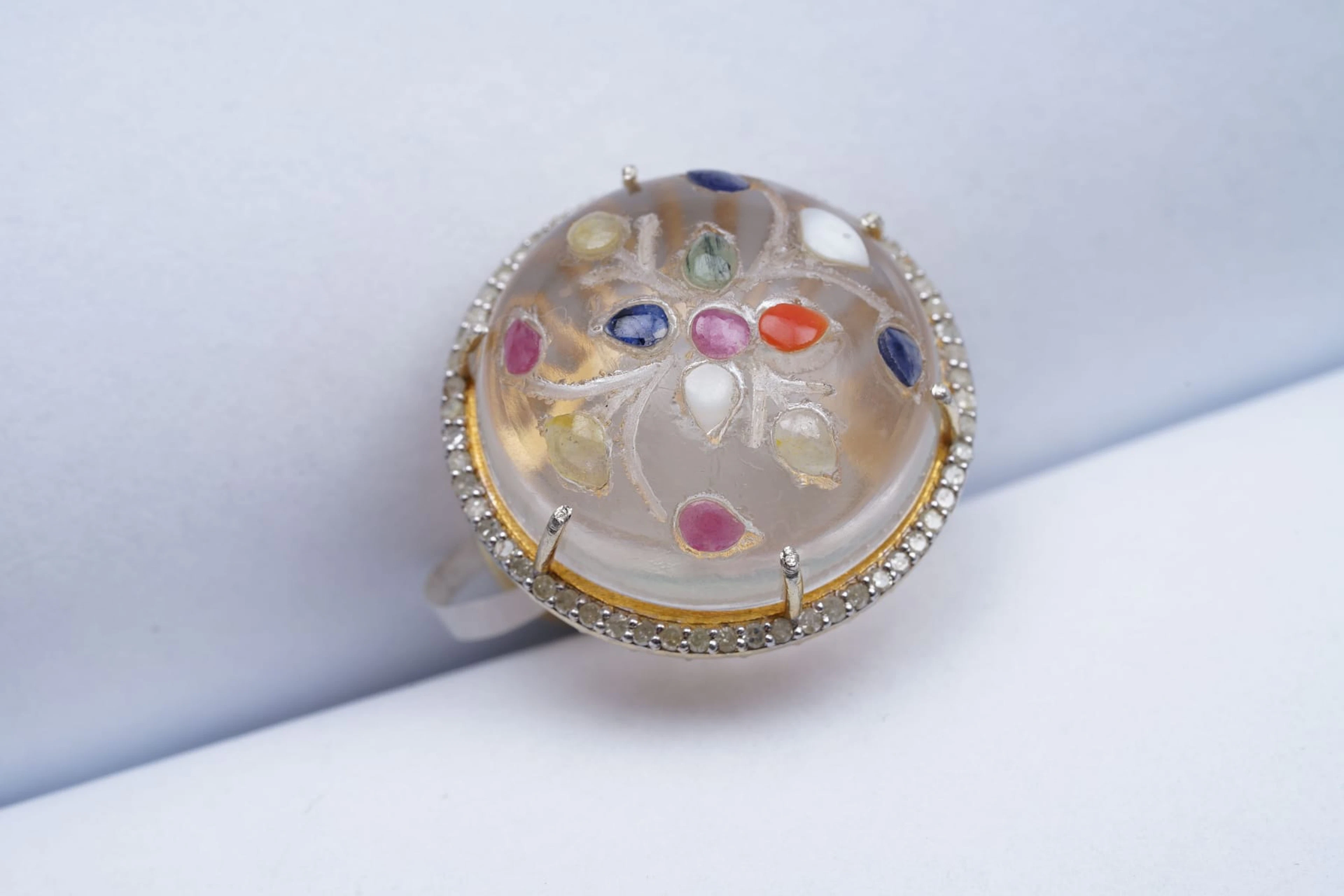 (3276) RING yellow SILVER 925 / 1000 flower design rock CRISTAL DIAMONDS
