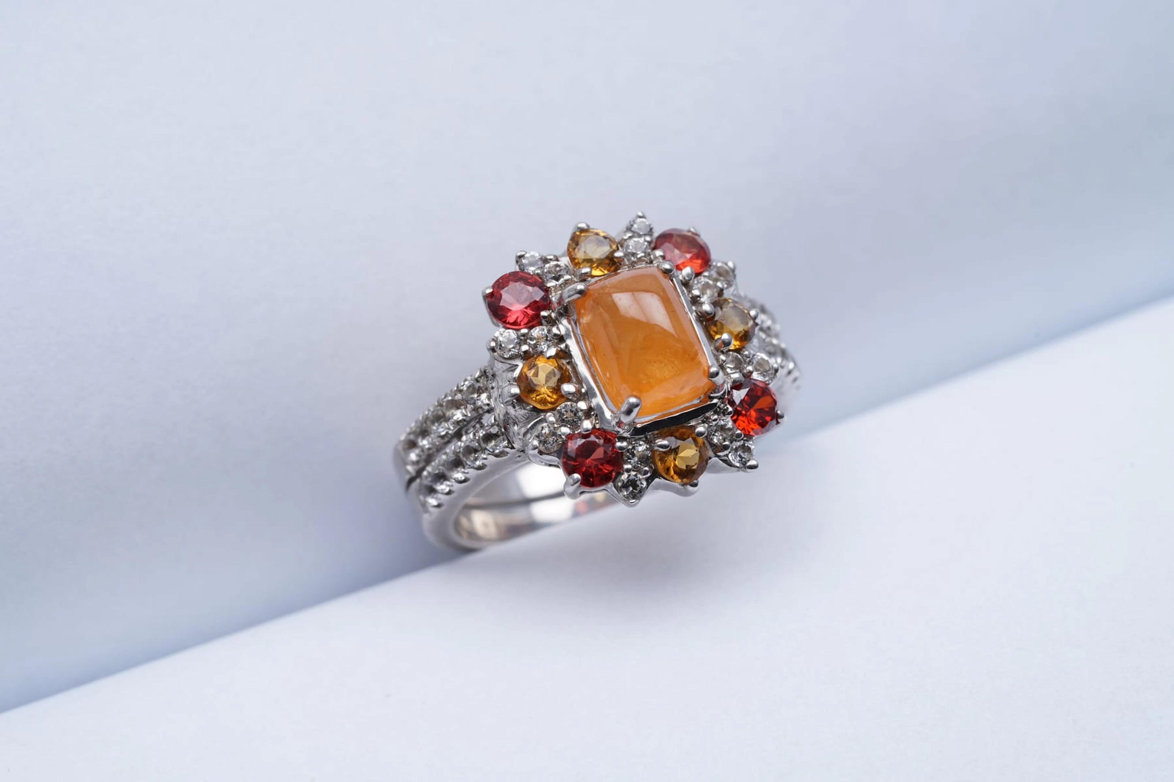 (3378) RING white SILVER 925 / 1000 spessartite GARNET CITRINES orange