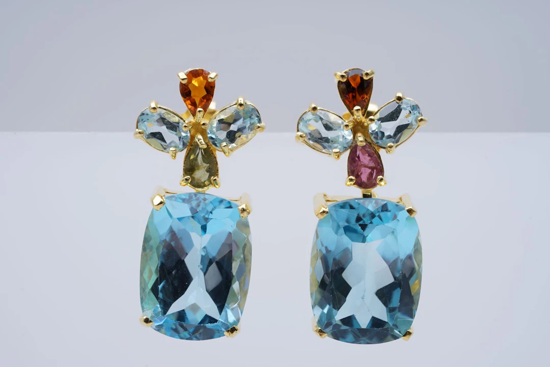 (3485) EARRINGS yellow SILVER 925 / 1000 blue TOPAZES multicolore TOURMALINES