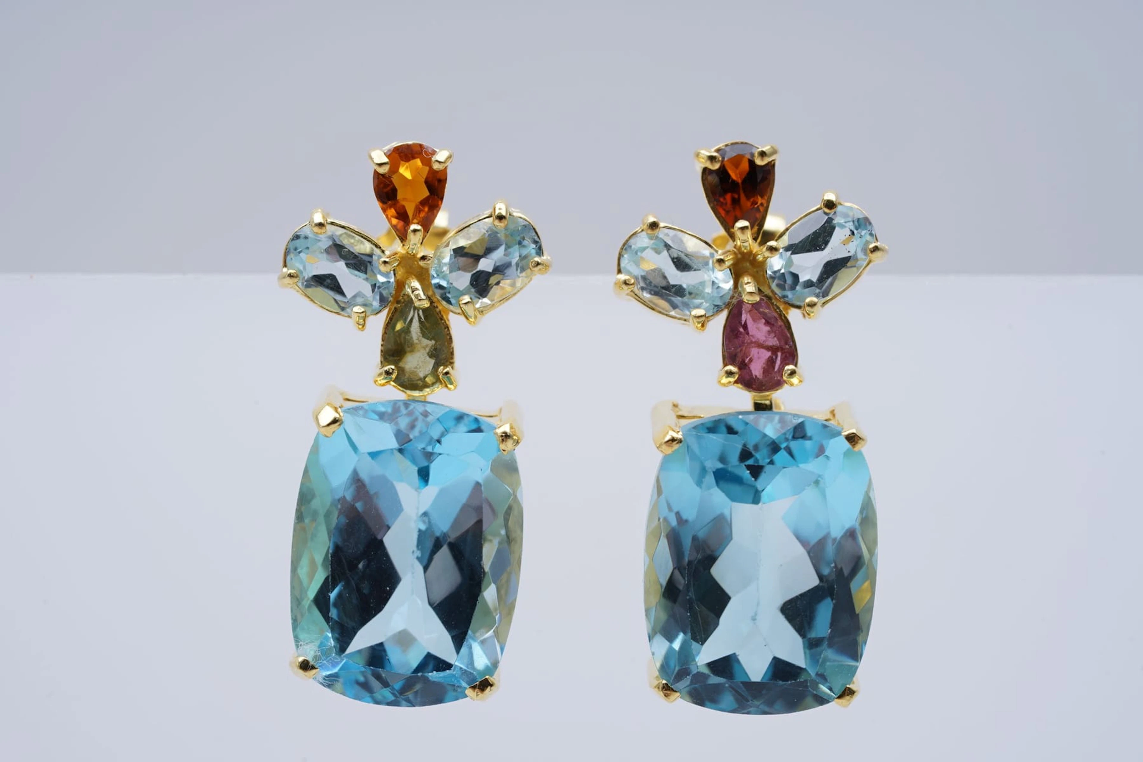 (3485) EARRINGS yellow SILVER 925 / 1000 blue TOPAZES multicolore TOURMALINES