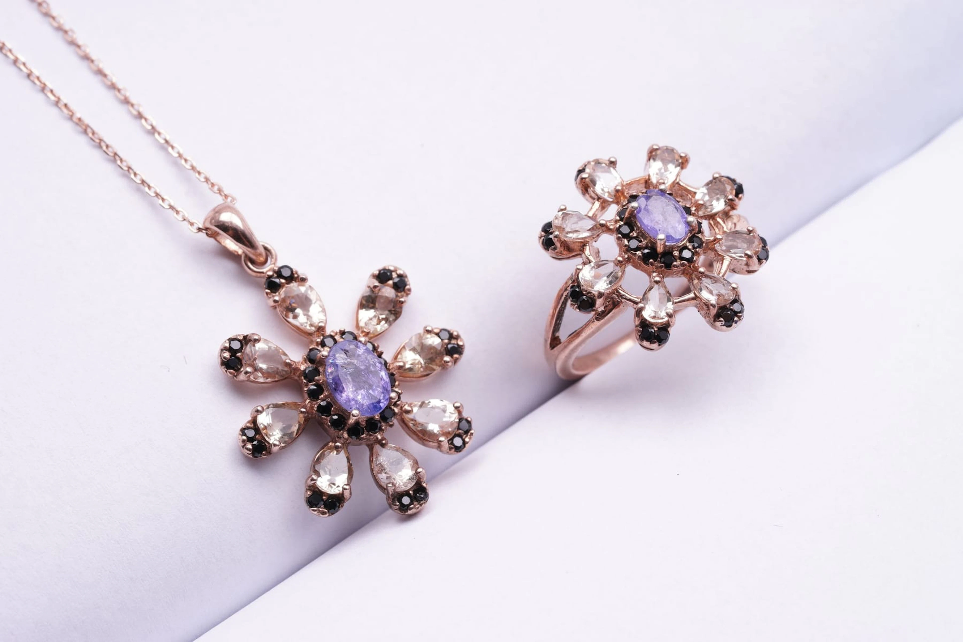 RING+PENDANT pink SILVER 925/1000 TANZANITES MORGANITES black SPINEL (2981)