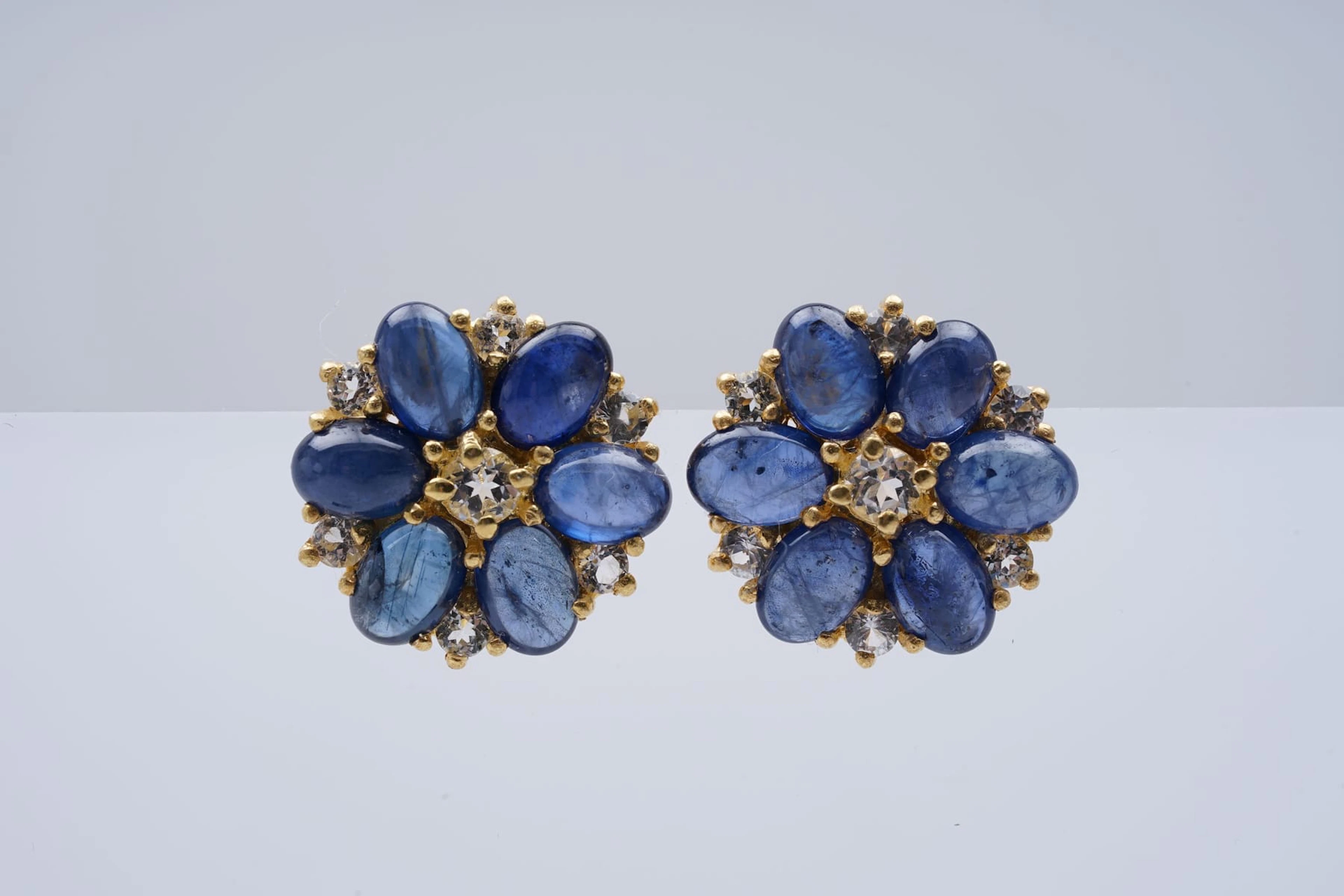 (3728) EARRINGS SILVER 925 / 1000 SAPPHIRES round shape 9 mm - cabochon