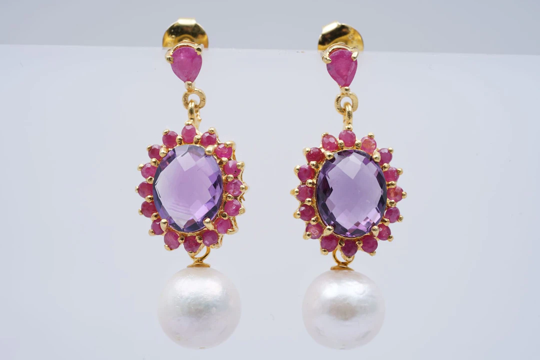 (3643) EARRINGS yellow SILVER 925 / 1000 AMETHYSTES RUBIES PEARLS