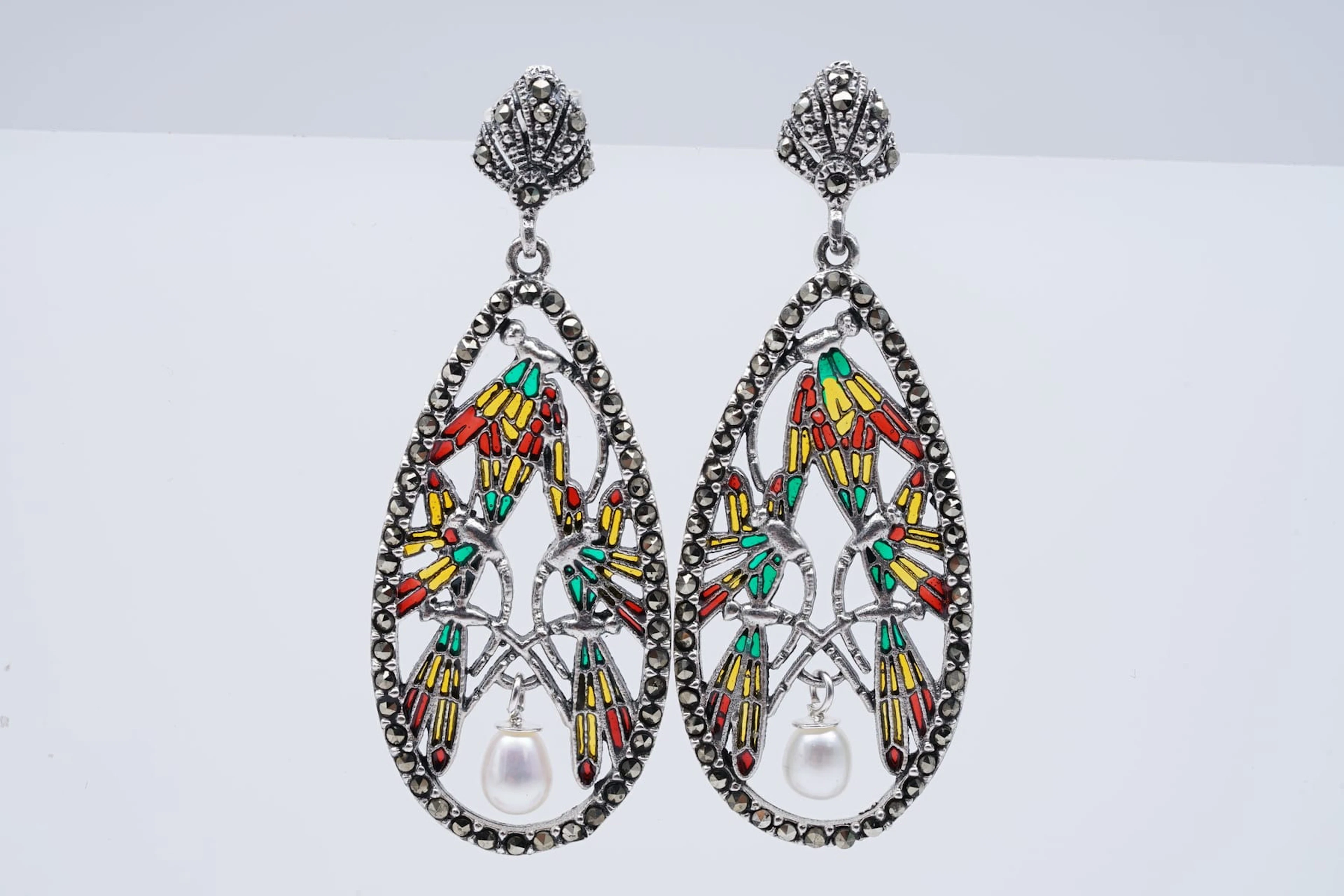 (3448) EARRINGS SILVER 925 / 1000 art nouveau style MARCASSITES ENAMEL