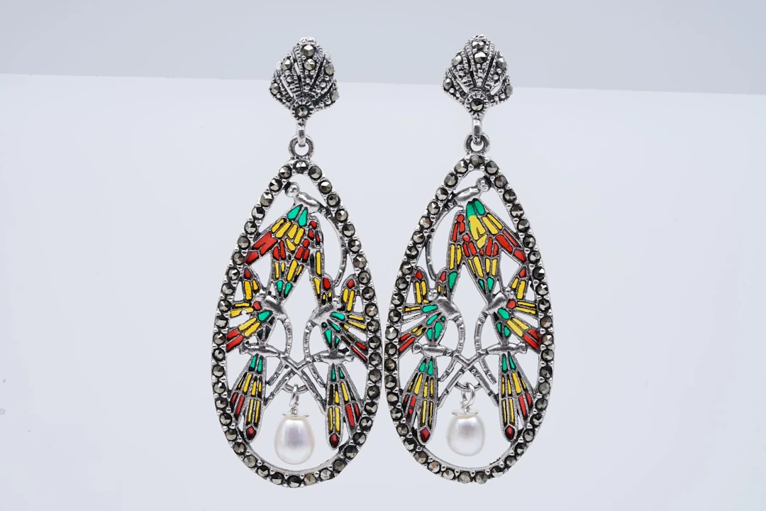 (3448) EARRINGS SILVER 925 / 1000 art nouveau style MARCASSITES ENAMEL