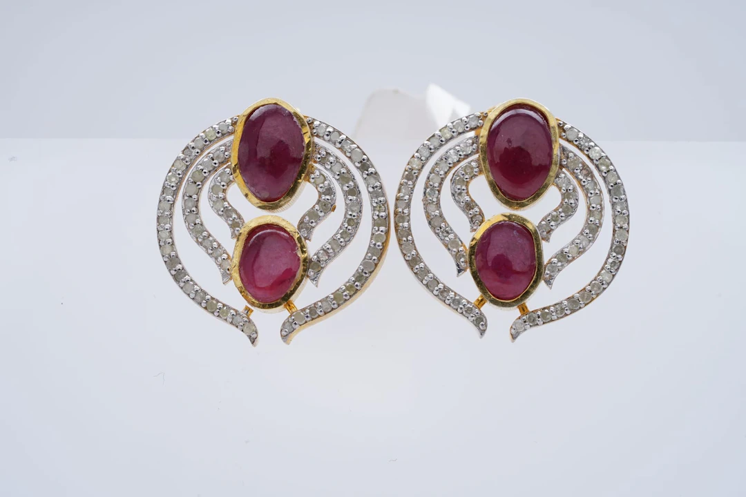 (3277) EARRINGS yellow SILVER 925 / 1000 RUBIES DIAMONDS