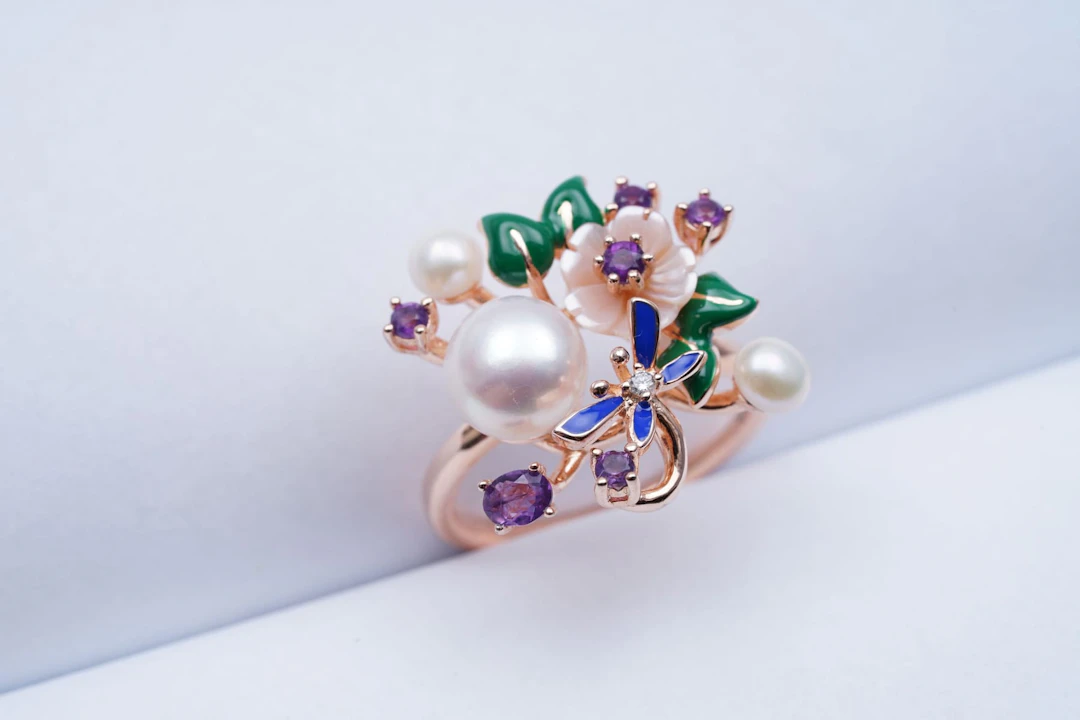 (3385) RING pink SILVER 925 / 1000 PEARLS imitation SHELL ENAMEL AMETHYSTE CZ