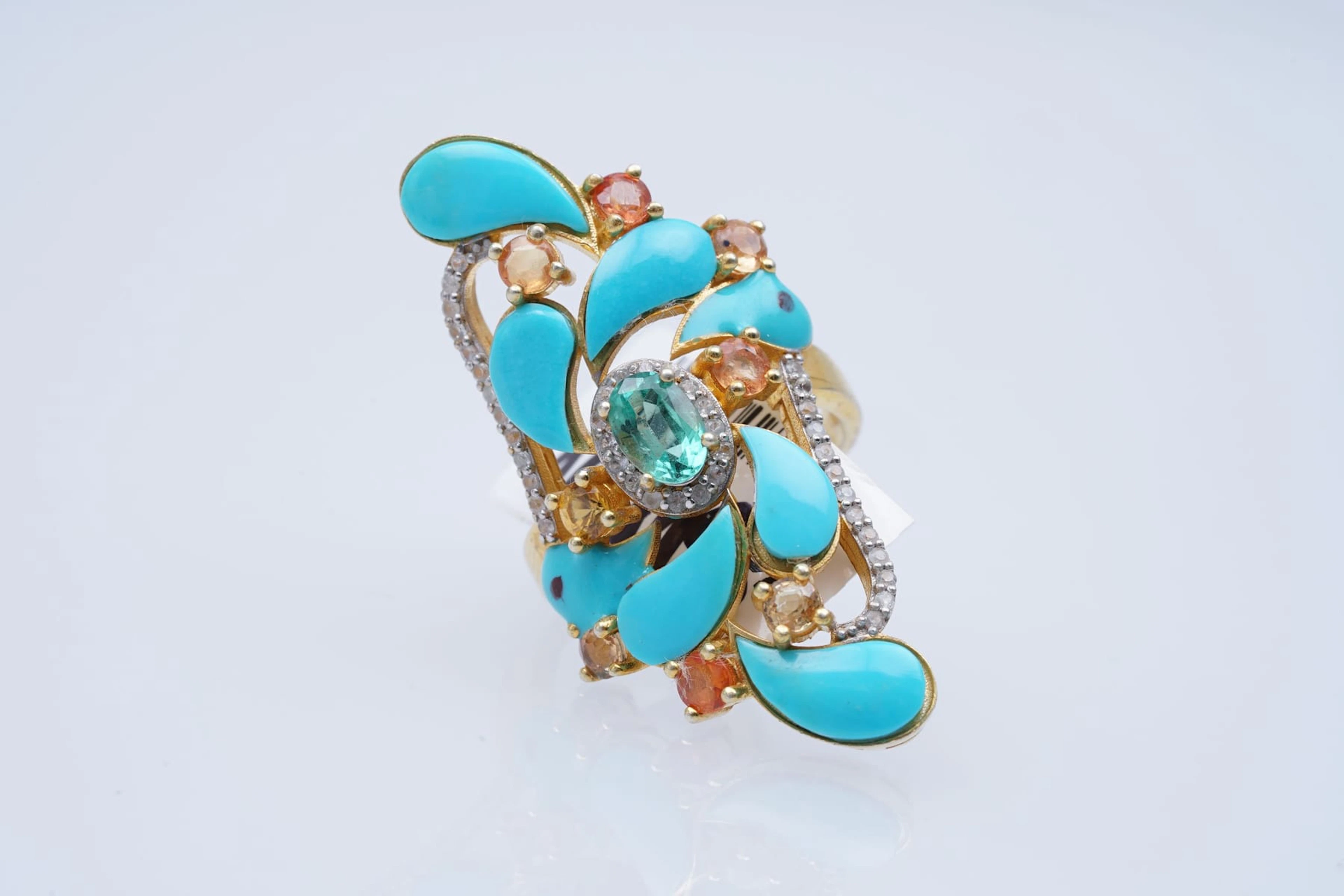 RING yellow SILVER 925 / 1000 EMERALD ( 0,6 ) TURQUOISES RUBIES DIAMONDS