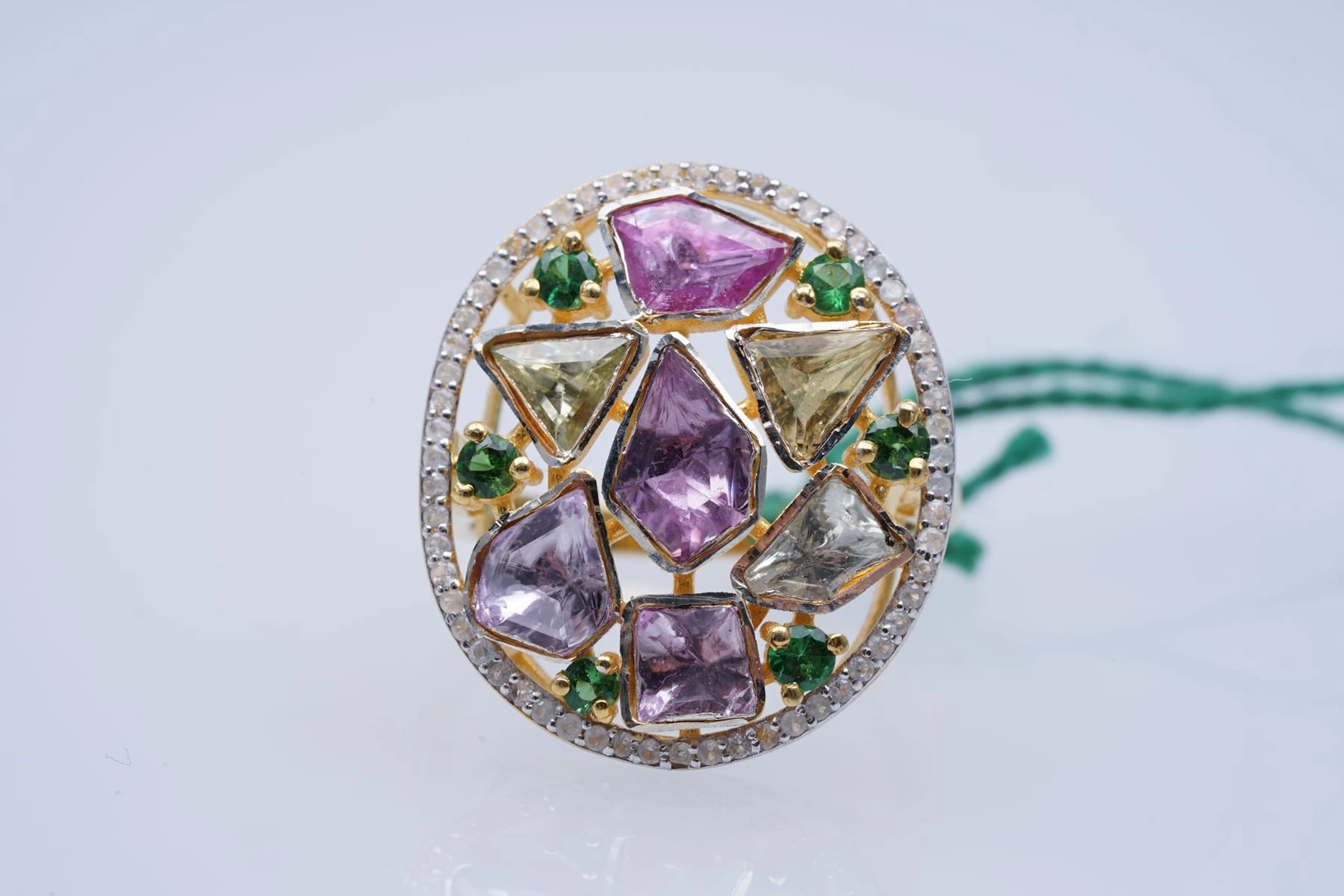 RING yellow SILVER 925 / 1000 TANZANITE sugar loaf shape (10 ) RUBIES