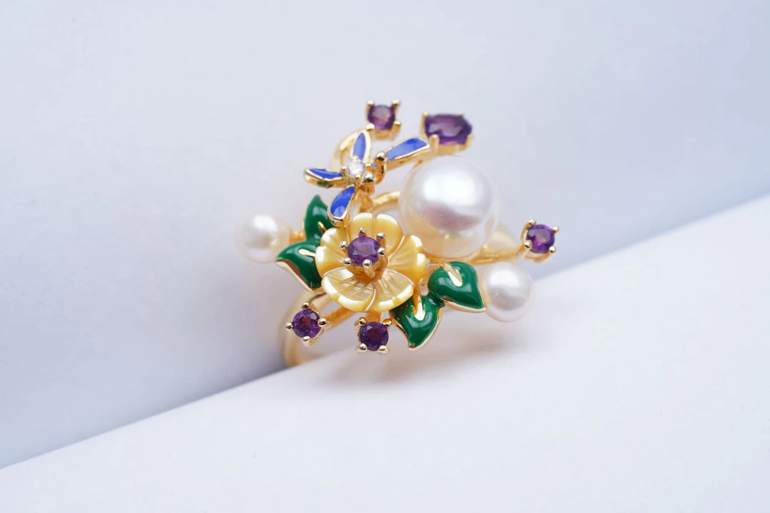 (3312) RING yellow SILVER 925 / 1000 PEARLS imitation SHELL ENAMEL CZ